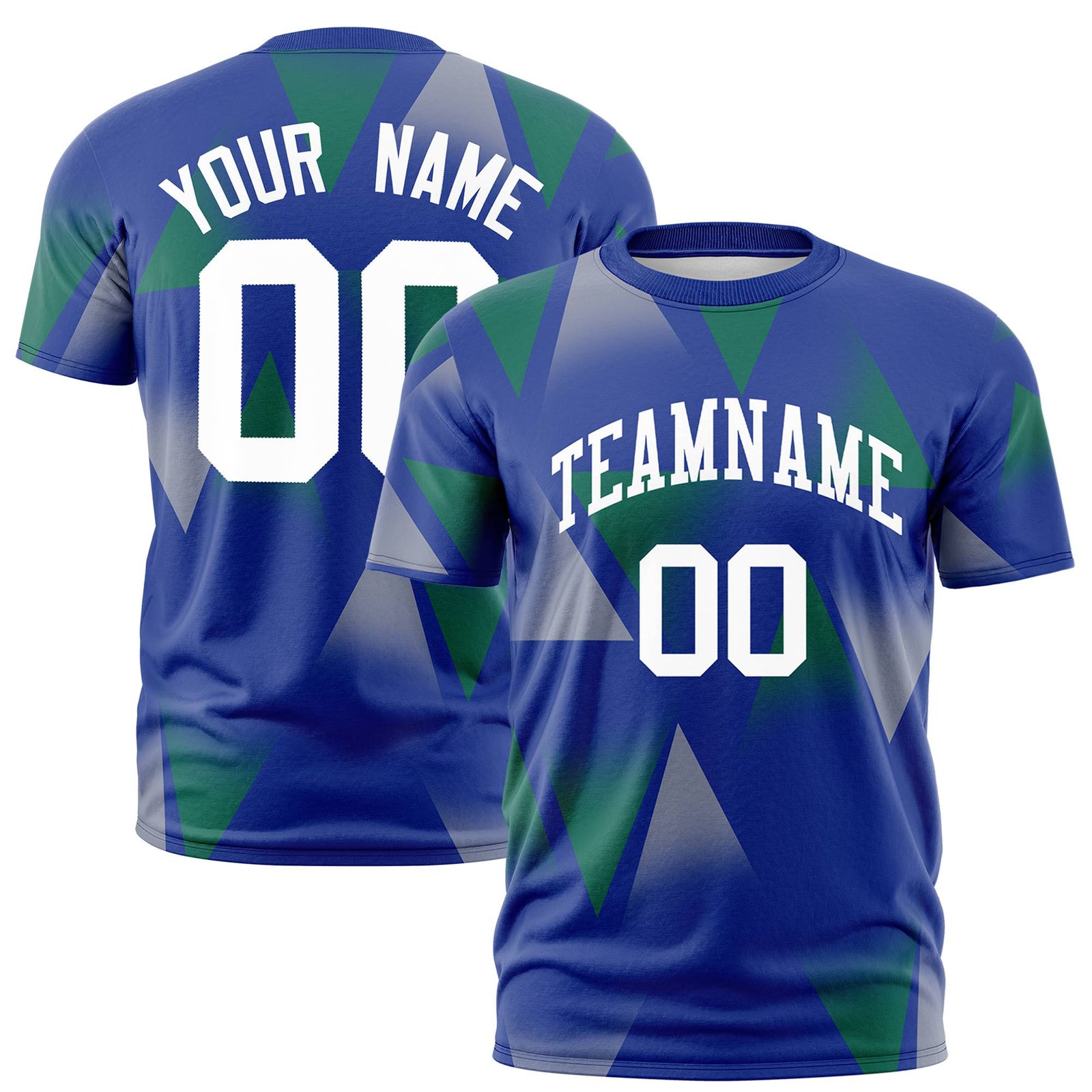 Custom Royal Blue Green-White Personalized Triangular Pattern Performance T-Shirt