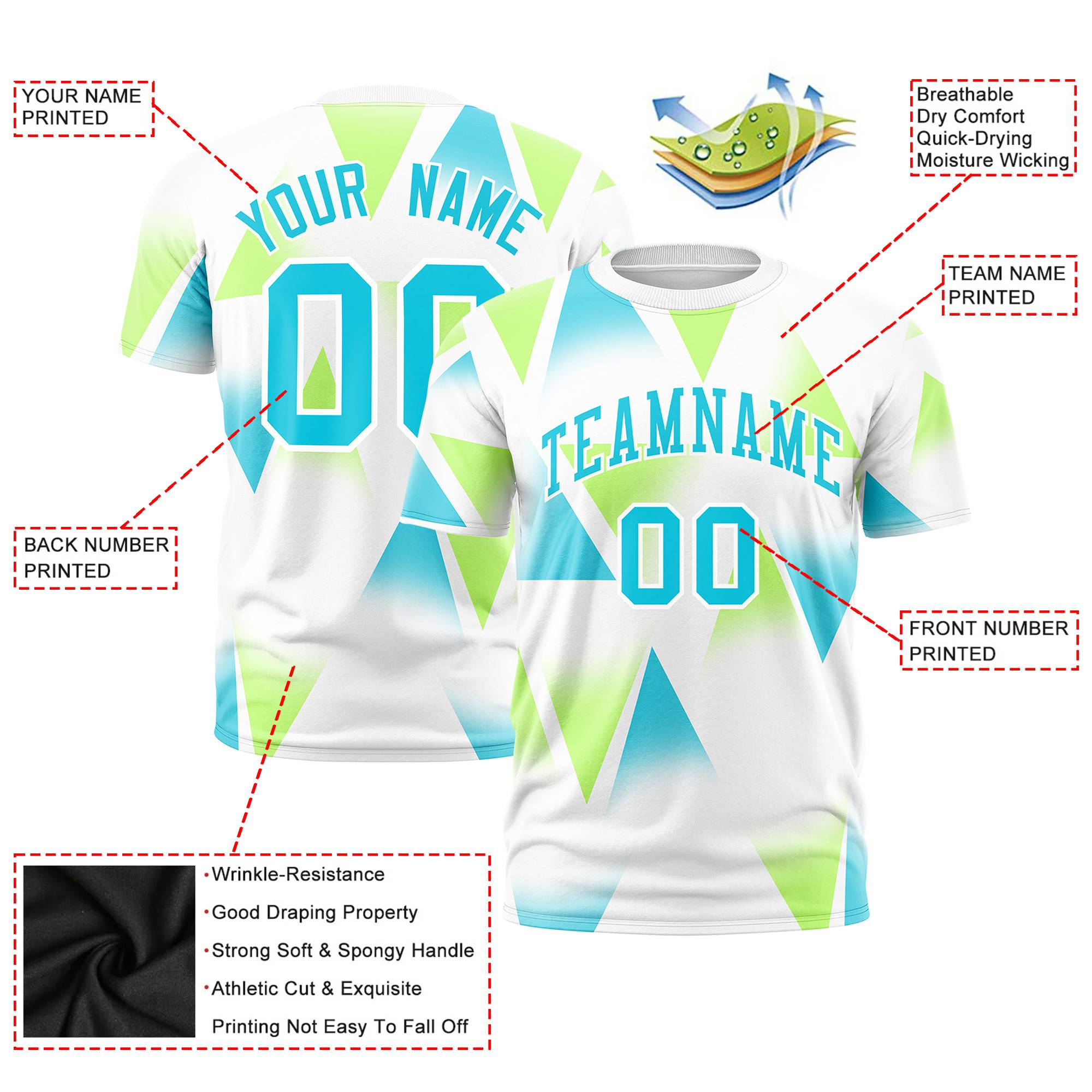 Custom White Neon Green-Aqua Personalized Triangular Pattern Performance T-Shirt