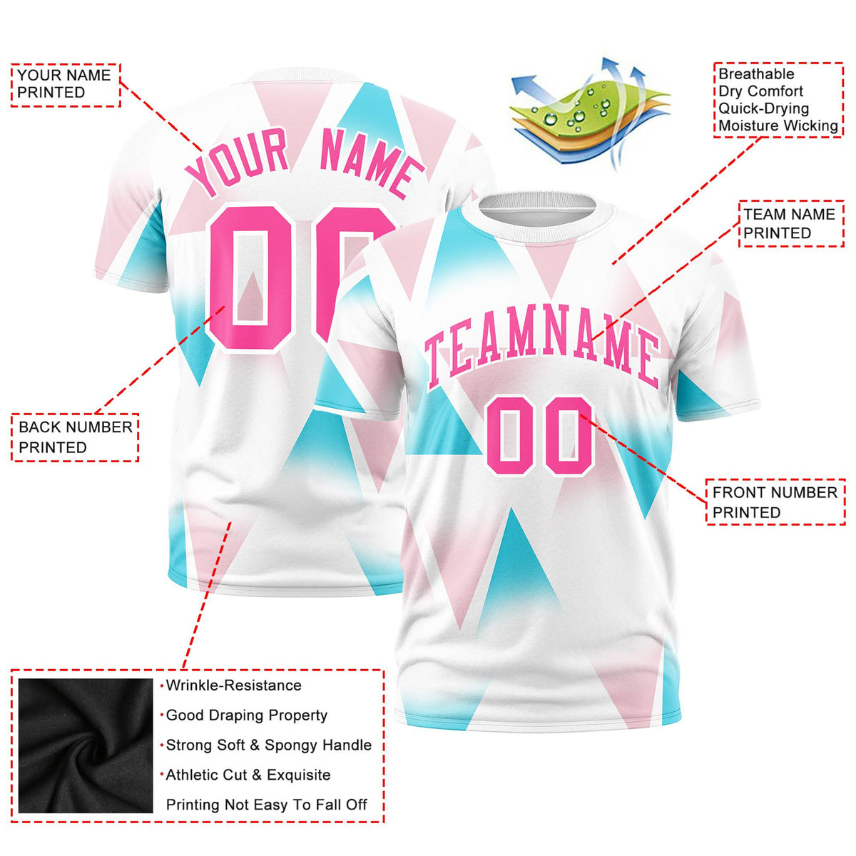 Custom White Aqua-Pink Personalized Triangular Pattern Performance T-Shirt