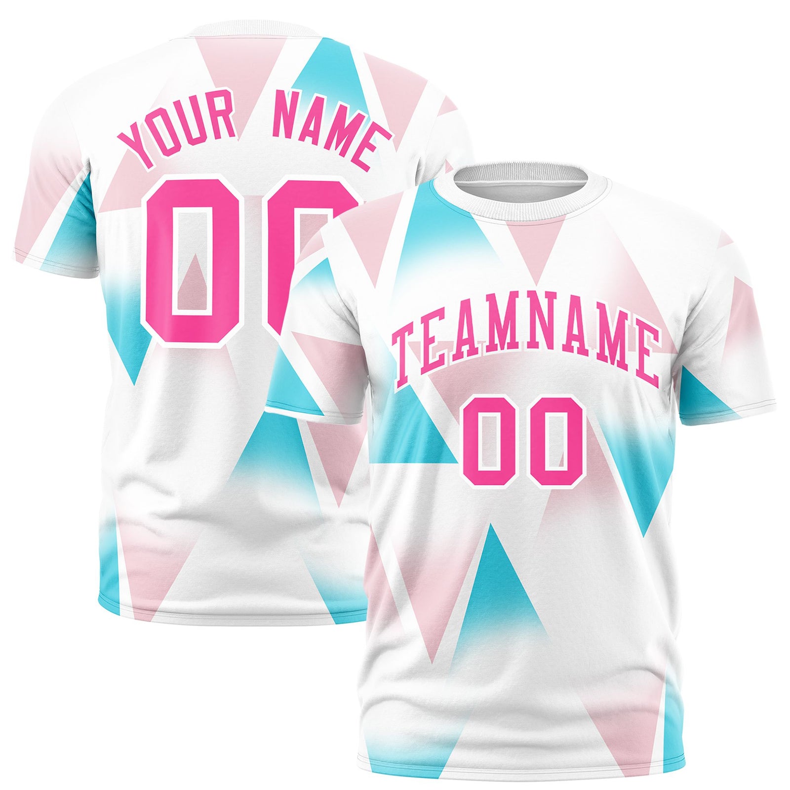 Custom White Aqua-Pink Personalized Triangular Pattern Performance T-Shirt