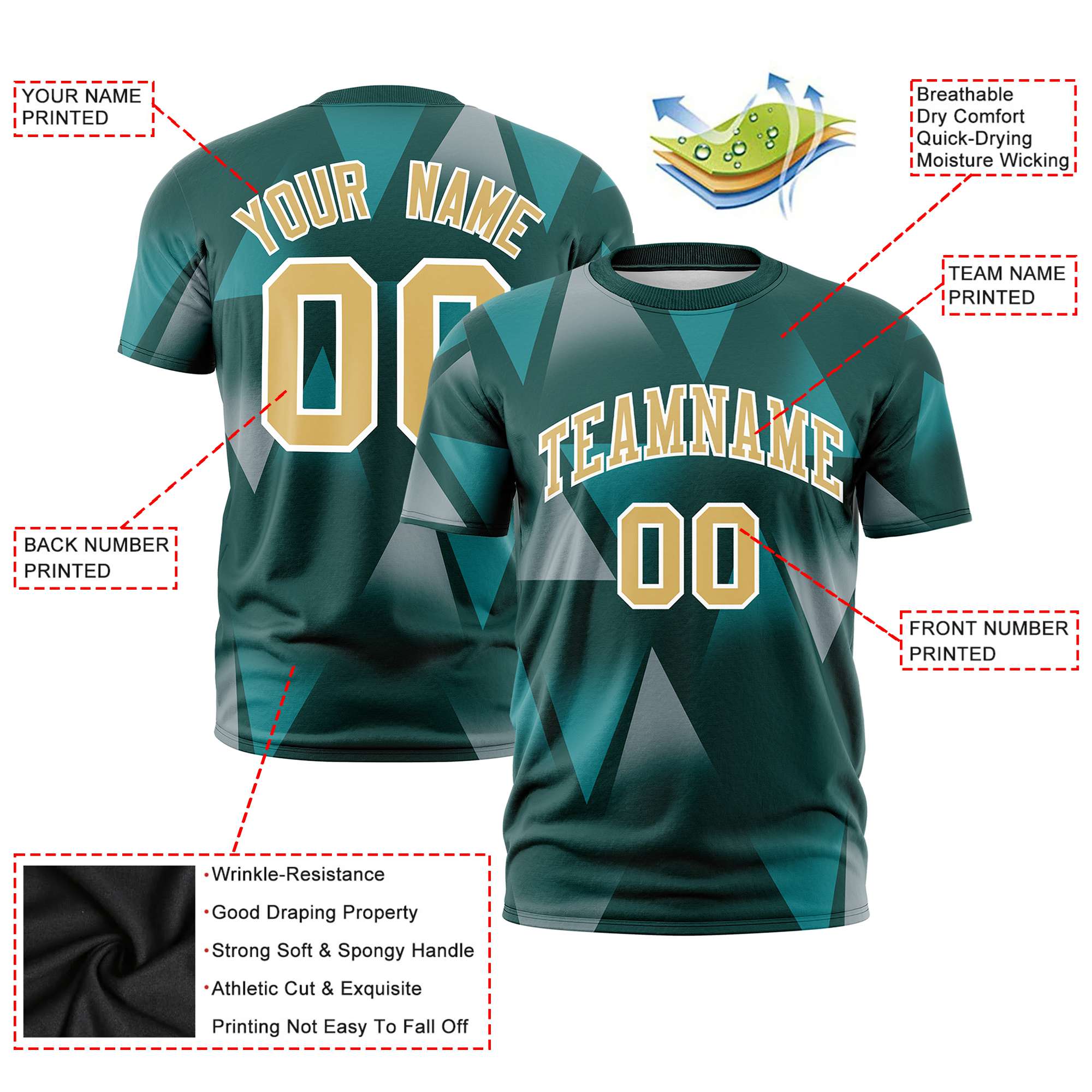 Custom Green Aqua-Old Gold Personalized Triangular Pattern Performance T-Shirt