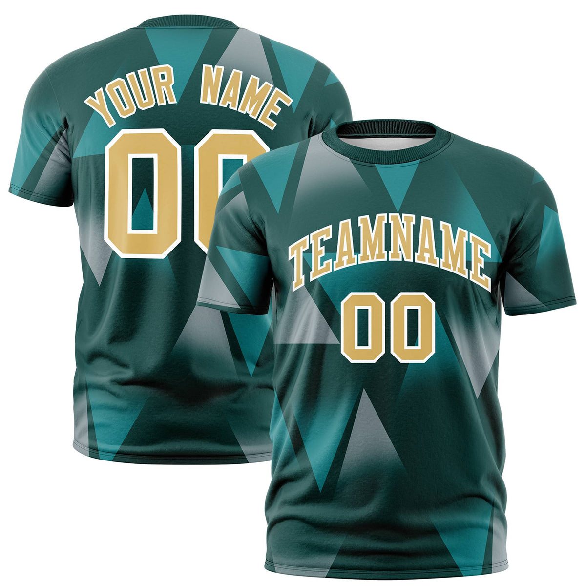 Custom Green Aqua-Old Gold Personalized Triangular Pattern Performance T-Shirt