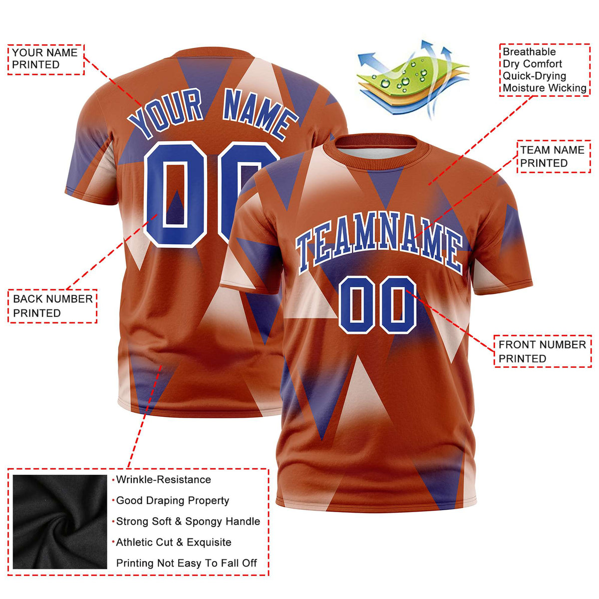 Custom Texas Orange White-Royal Blue Personalized Triangular Pattern Performance T-Shirt