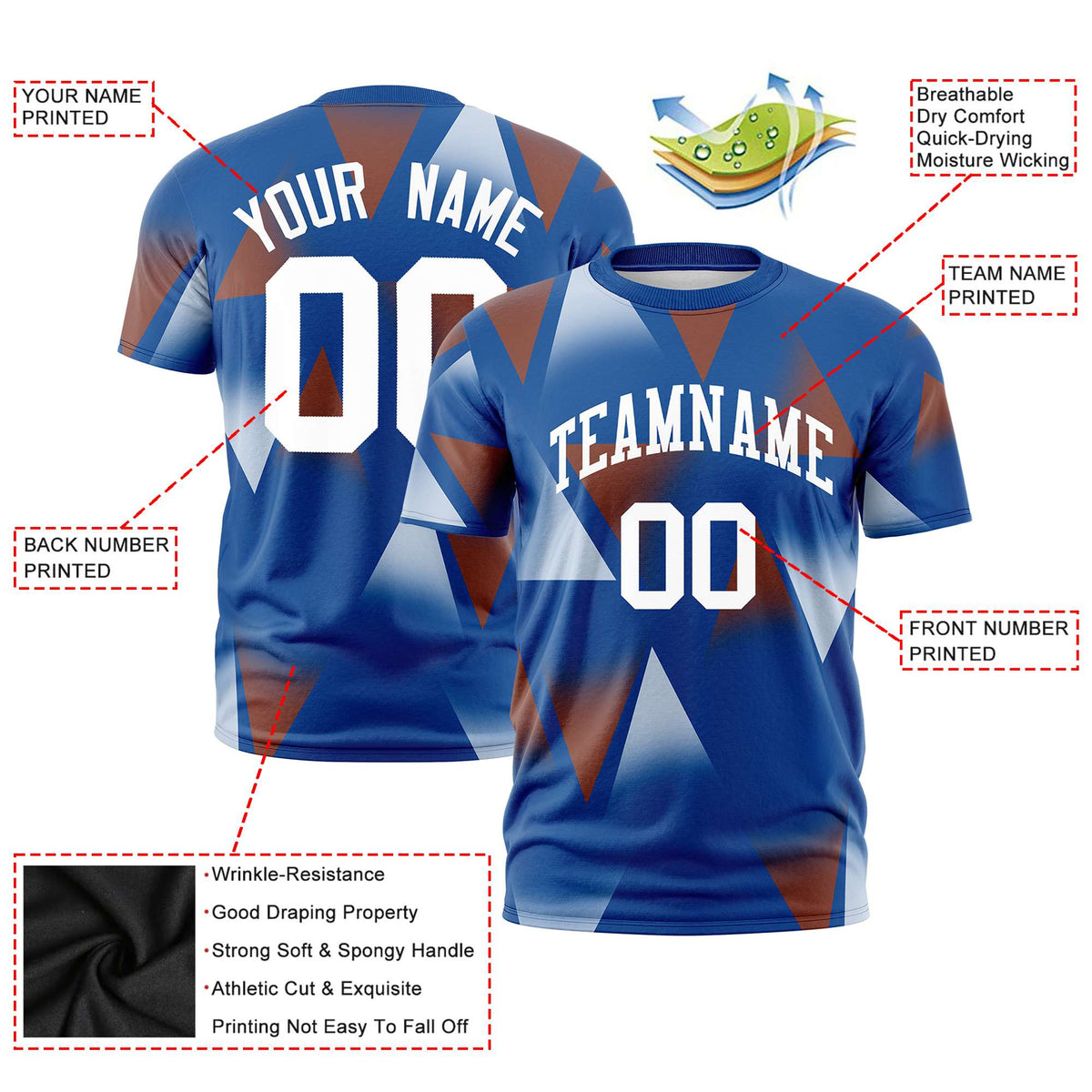 Custom Royal Blue Brown-White Personalized Triangular Pattern Performance T-Shirt