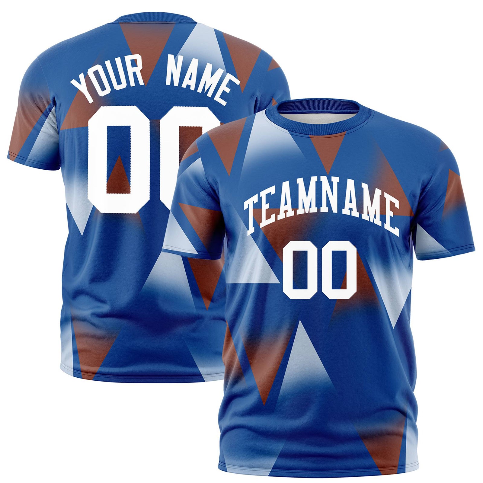 Custom Royal Blue Brown-White Personalized Triangular Pattern Performance T-Shirt