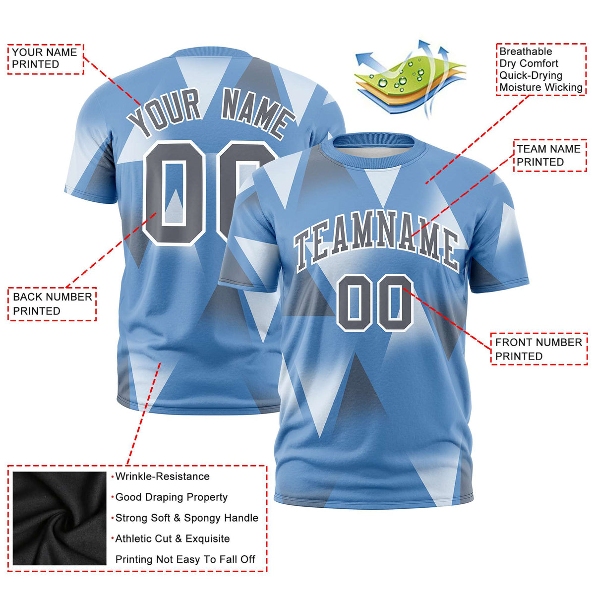 Custom Powder Blue White-Gray Personalized Triangular Pattern Performance T-Shirt