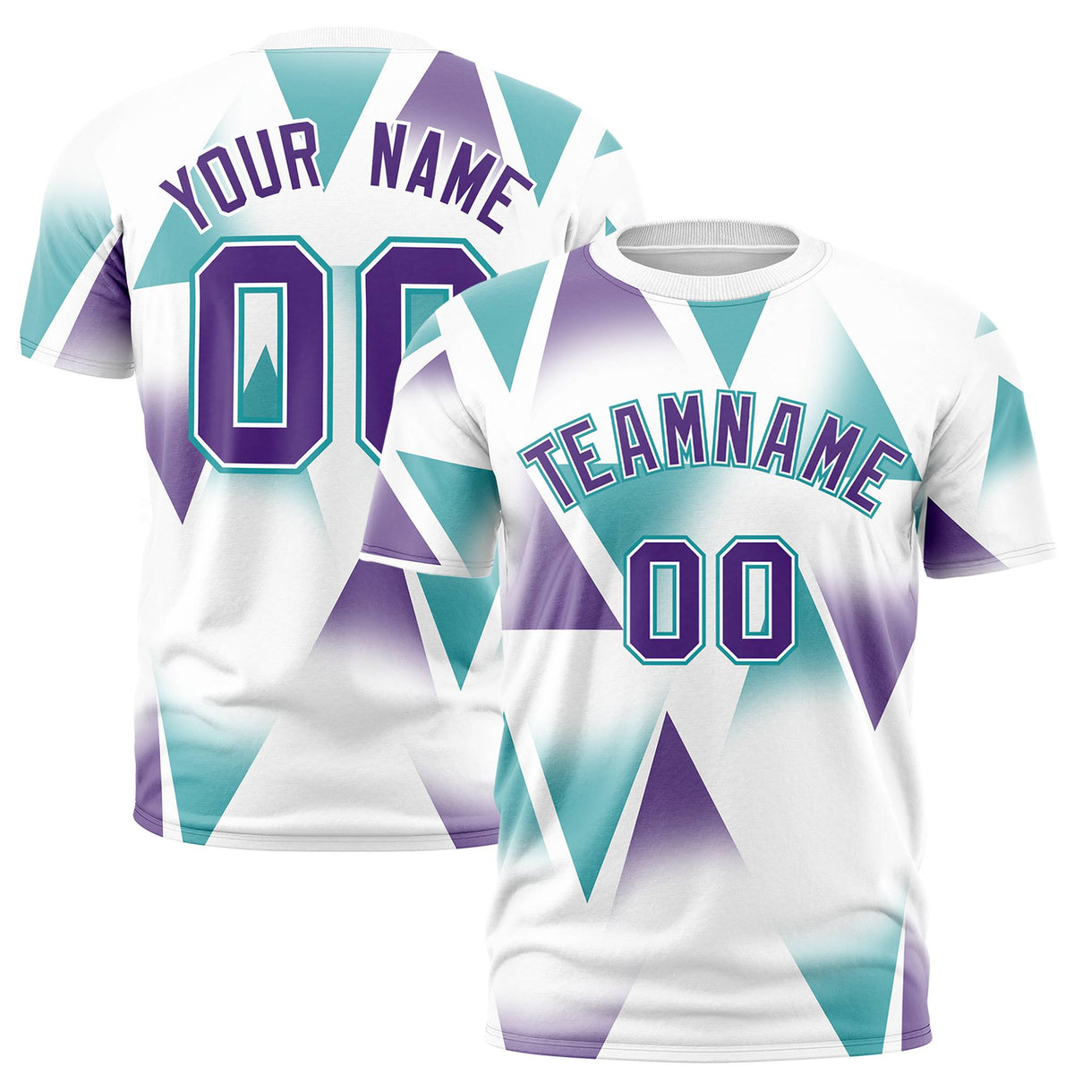 Custom White Aqua-Purple Personalized Triangular Pattern Performance T-Shirt