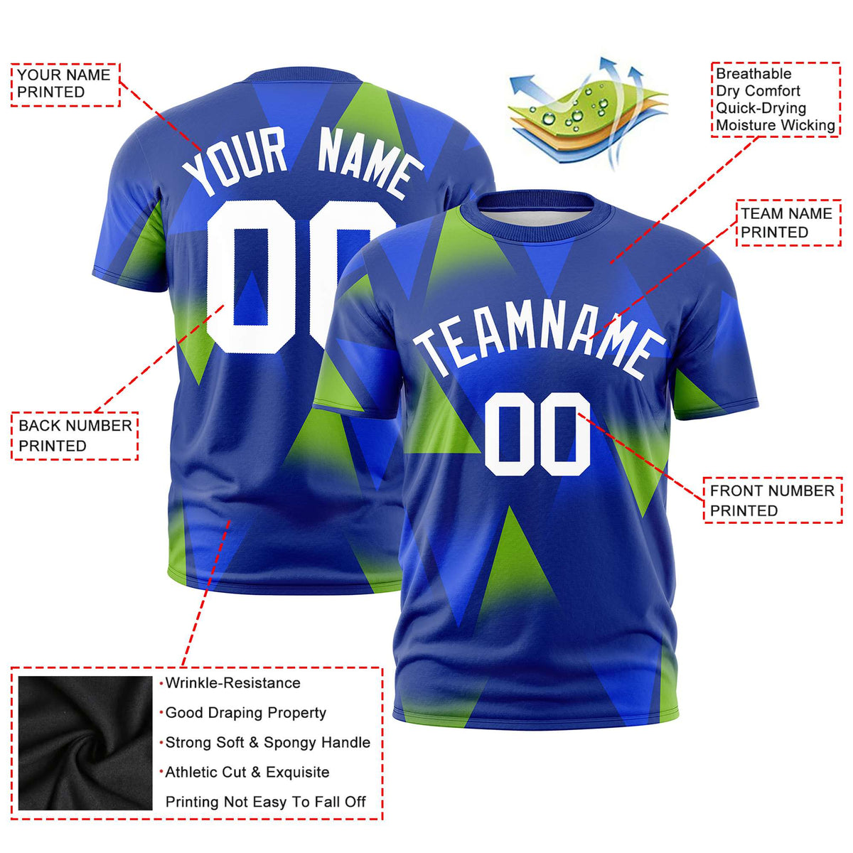 Custom Royal Blue Neon Green-White Personalized Triangular Pattern Performance T-Shirt