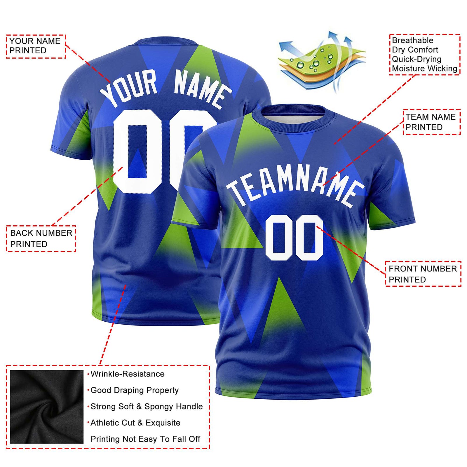 Custom Royal Blue Neon Green-White Personalized Triangular Pattern Performance T-Shirt