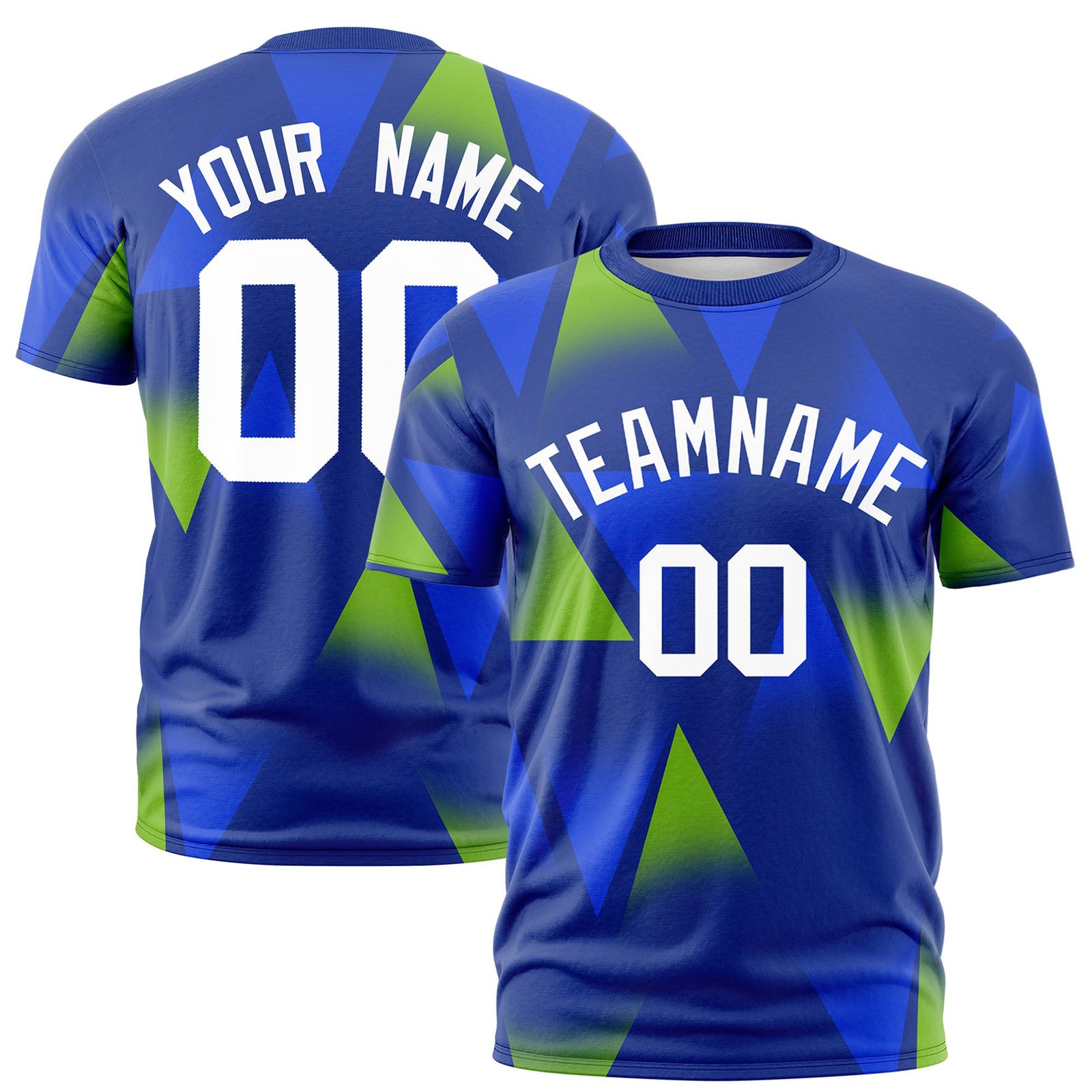 Custom Royal Blue Neon Green-White Personalized Triangular Pattern Performance T-Shirt