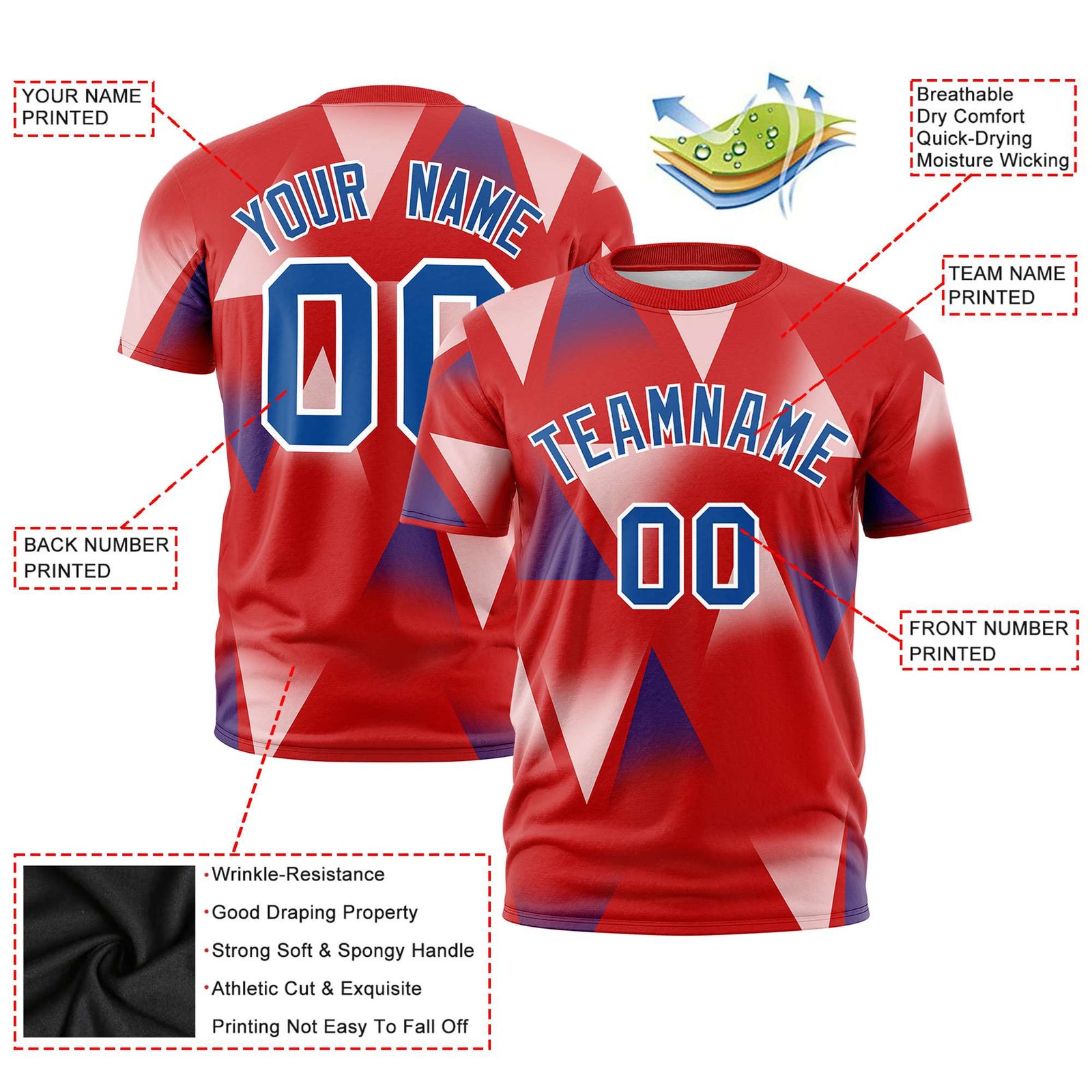 Custom Red White-Royal Blue Personalized Triangular Pattern Performance T-Shirt
