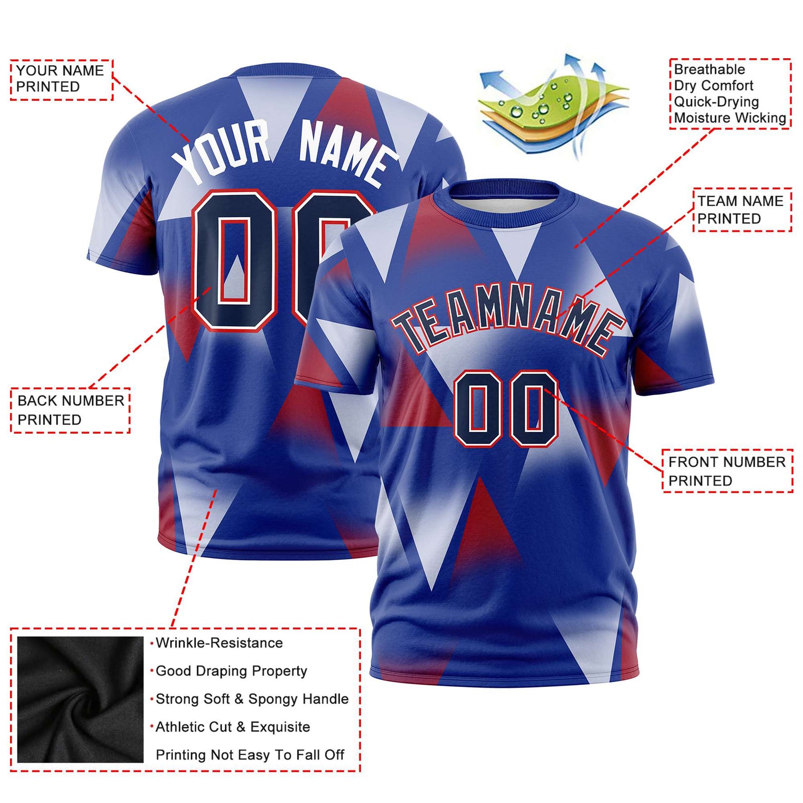 Custom Royal Blue Crimson-Navy Personalized Triangular Pattern Performance T-Shirt