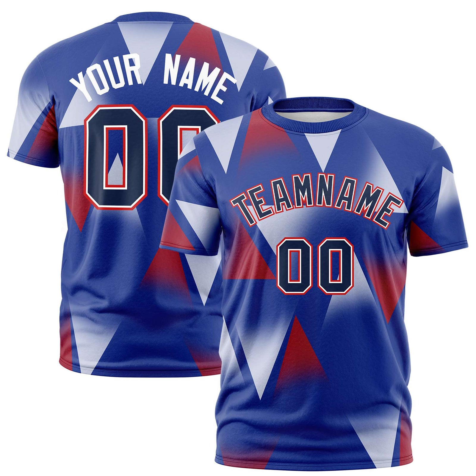Custom Royal Blue Crimson-Navy Personalized Triangular Pattern Performance T-Shirt