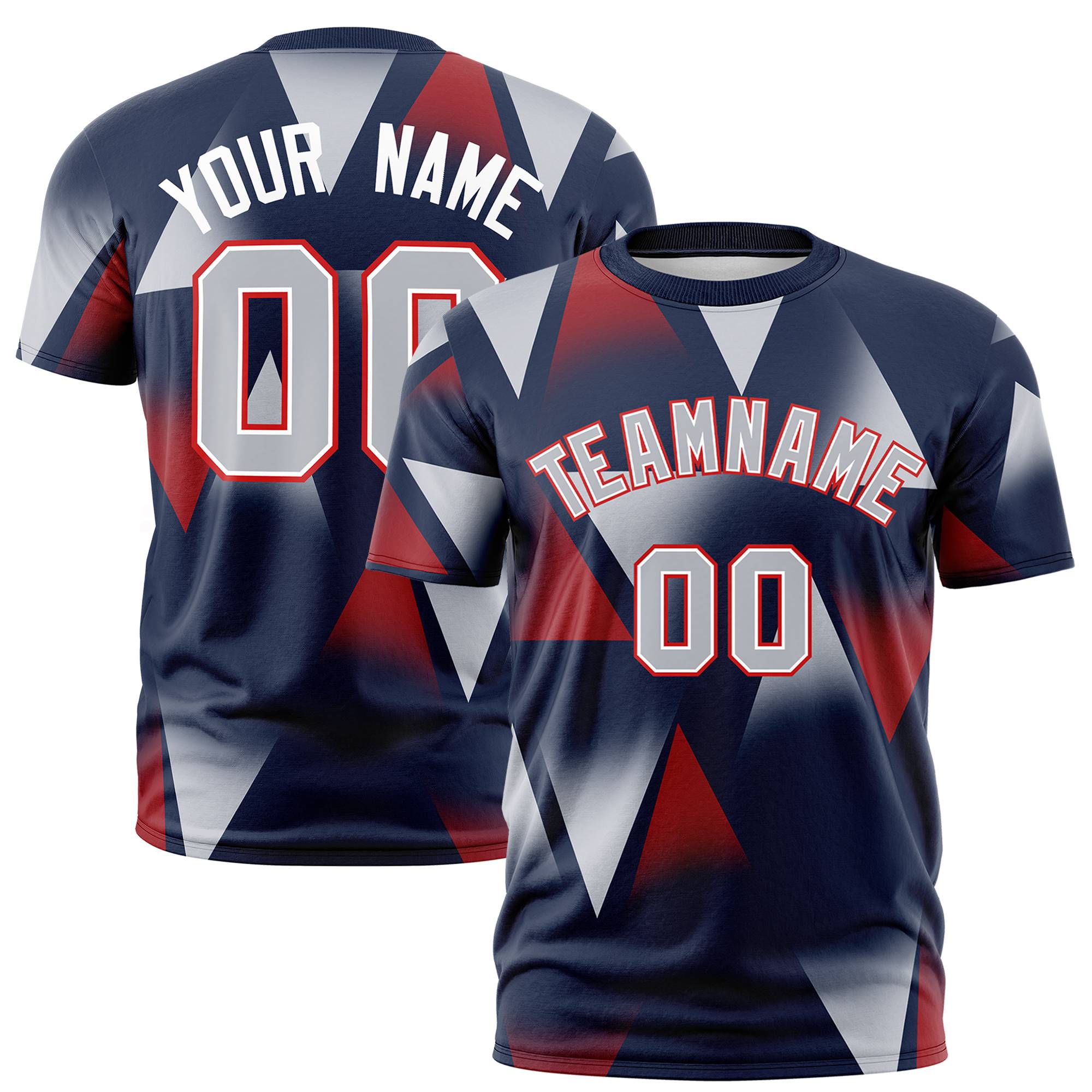 Custom Navy Crimson-Gray Personalized Triangular Pattern Performance T-Shirt