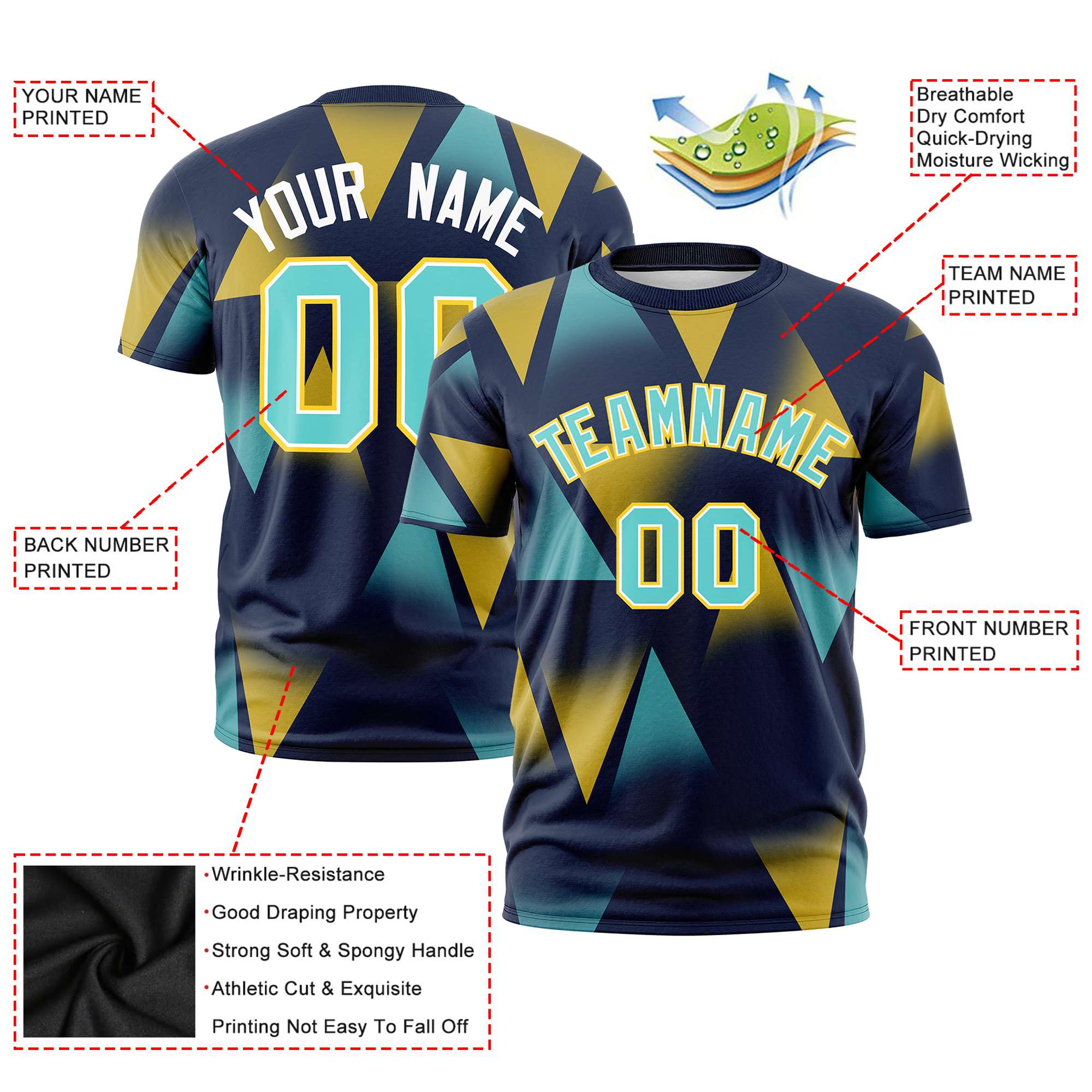 Custom Navy Gold01-Aqua Personalized Triangular Pattern Performance T-Shirt