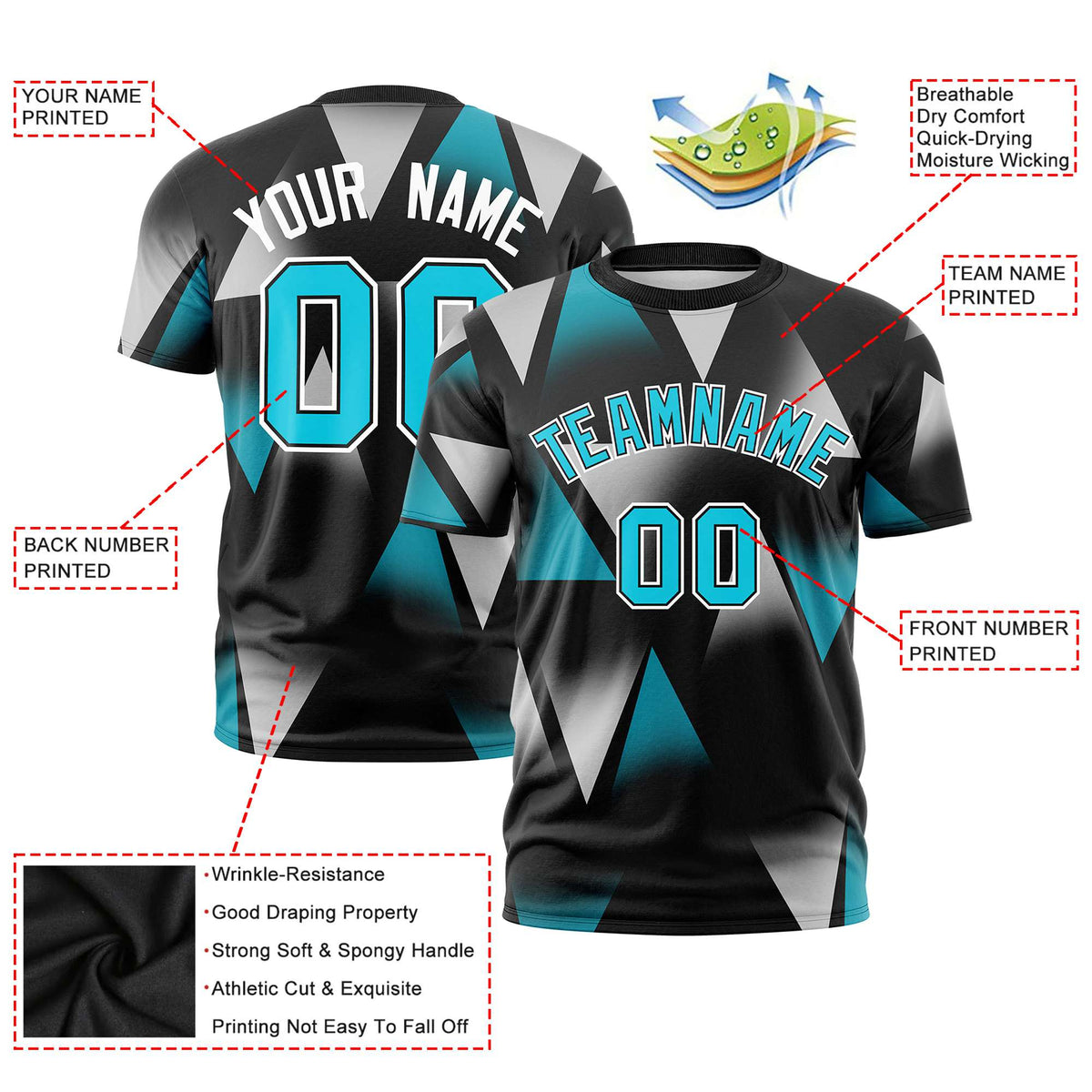 Custom Black White-Aqua Personalized Triangular Pattern Performance T-Shirt