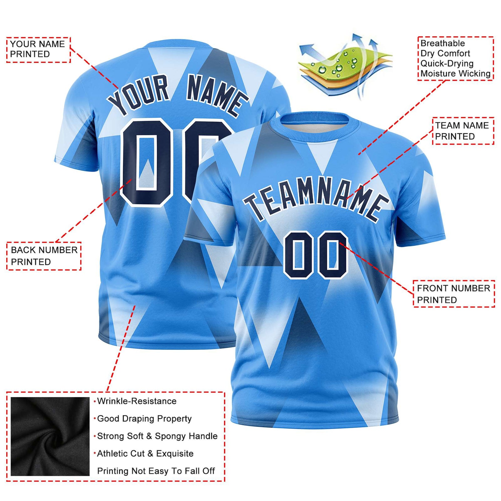 Custom Powder Blue White-Navy Personalized Triangular Pattern Performance T-Shirt