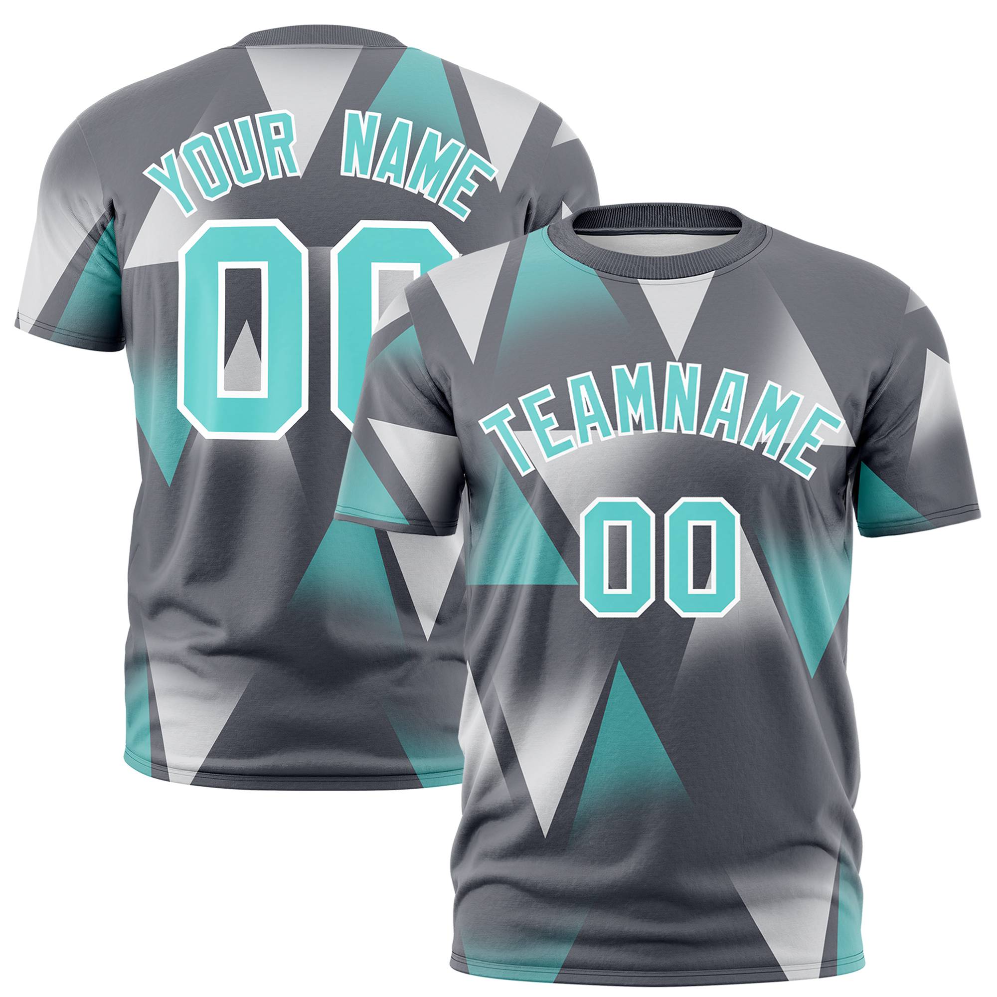 Custom Gray White-Aqua Personalized Triangular Pattern Performance T-Shirt