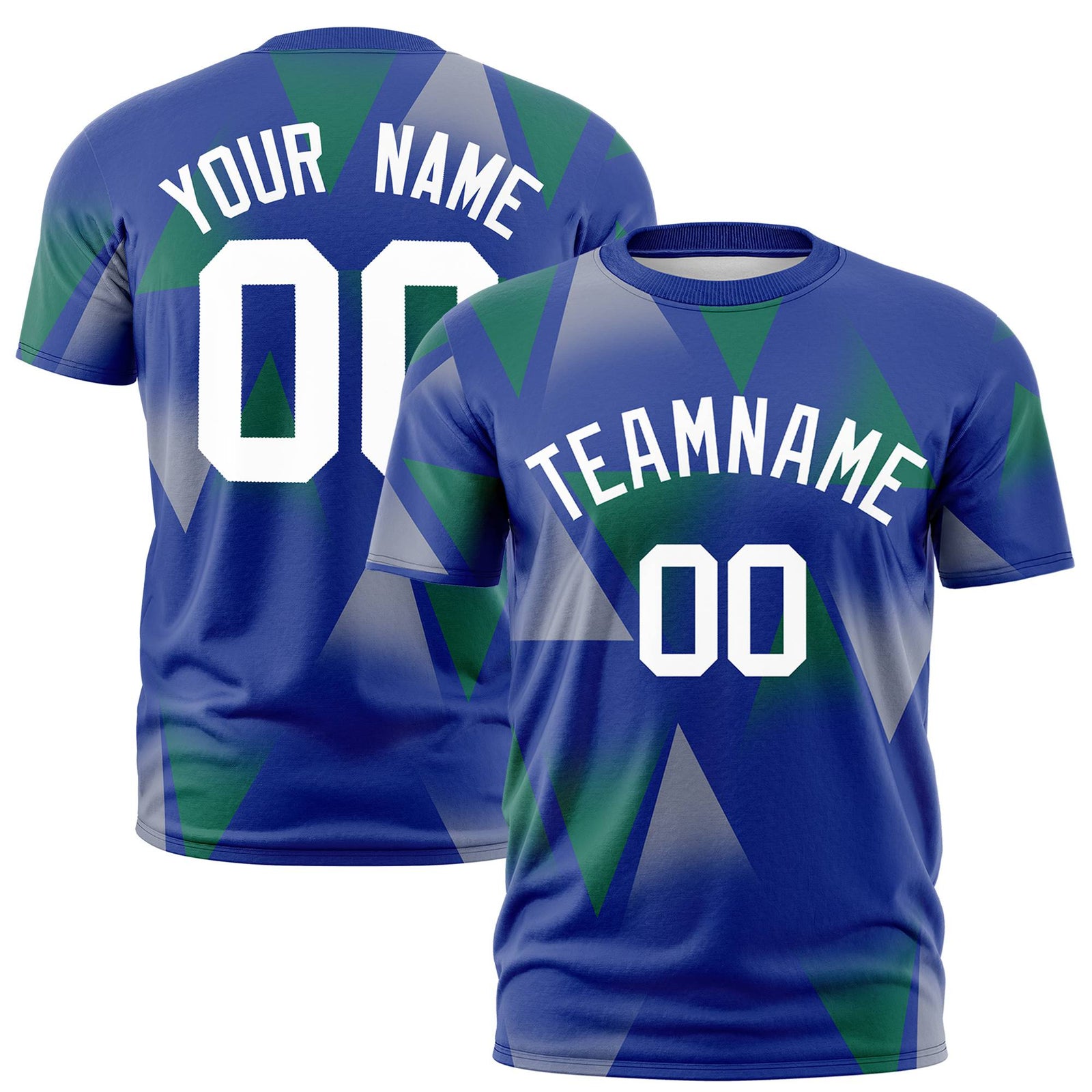 Custom Royal Blue Green-White Personalized Triangular Pattern Performance T-Shirt