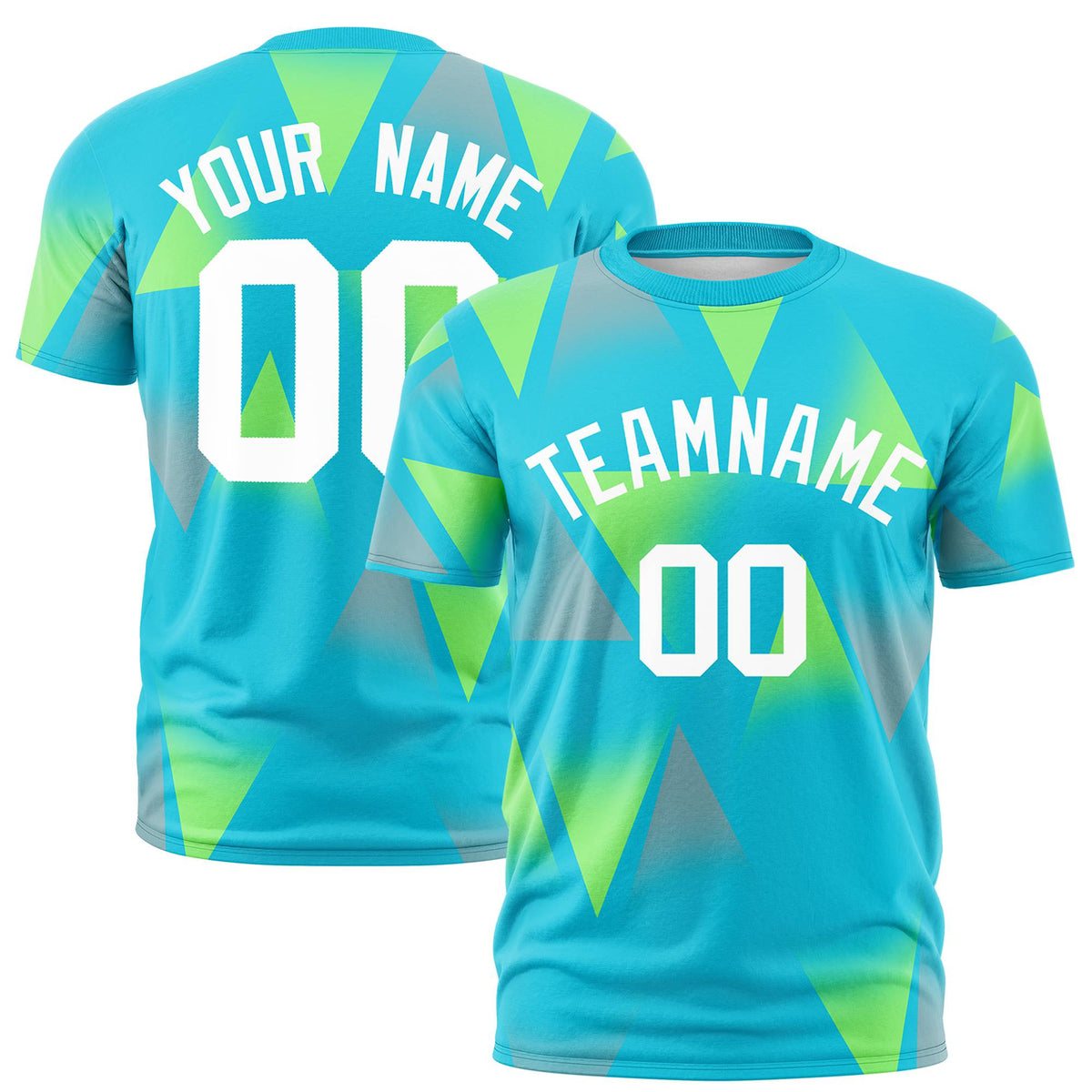 Custom Aqua Neon Green-White Personalized Triangular Pattern Performance T-Shirt