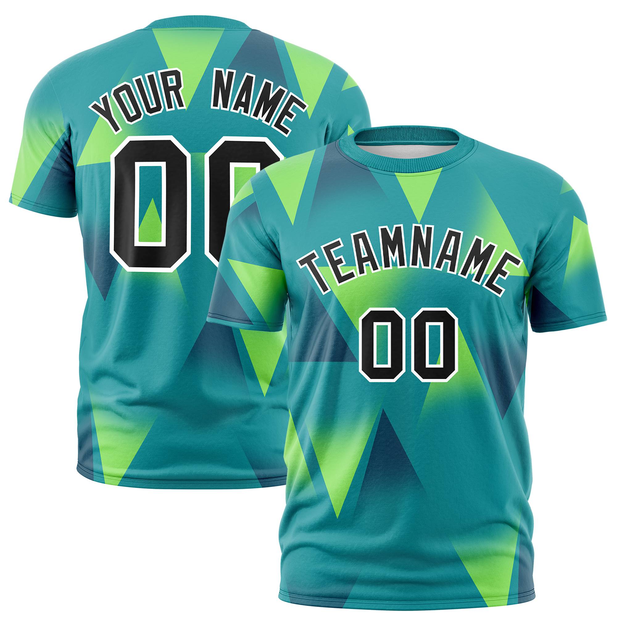 Custom Aqua Neon Green-Black Personalized Triangular Pattern Performance T-Shirt