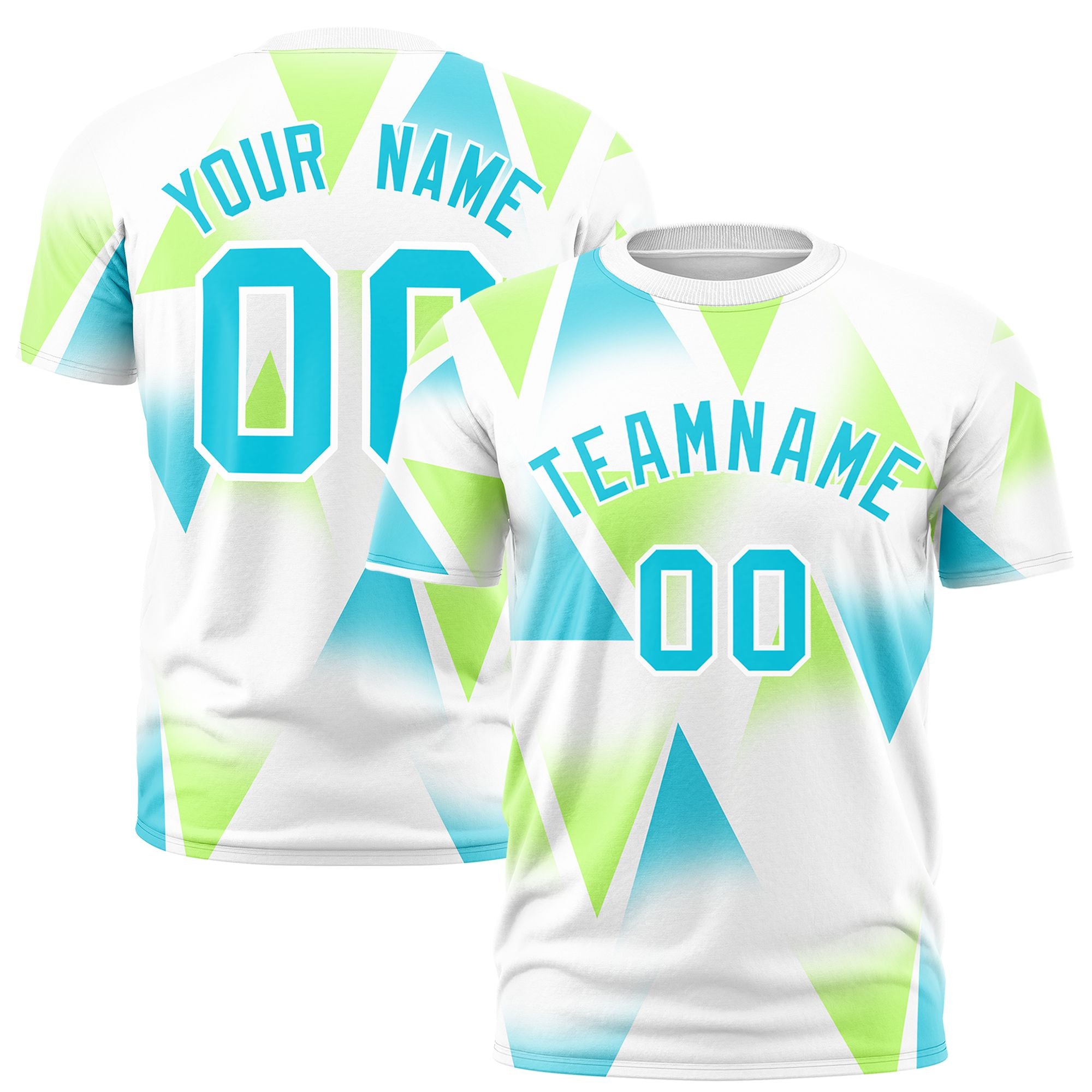 Custom White Neon Green-Aqua Personalized Triangular Pattern Performance T-Shirt