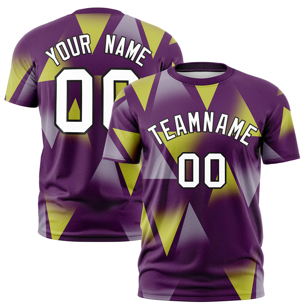 Custom Purple Fluorescent Green-White Personalized Triangular Pattern Performance T-Shirt