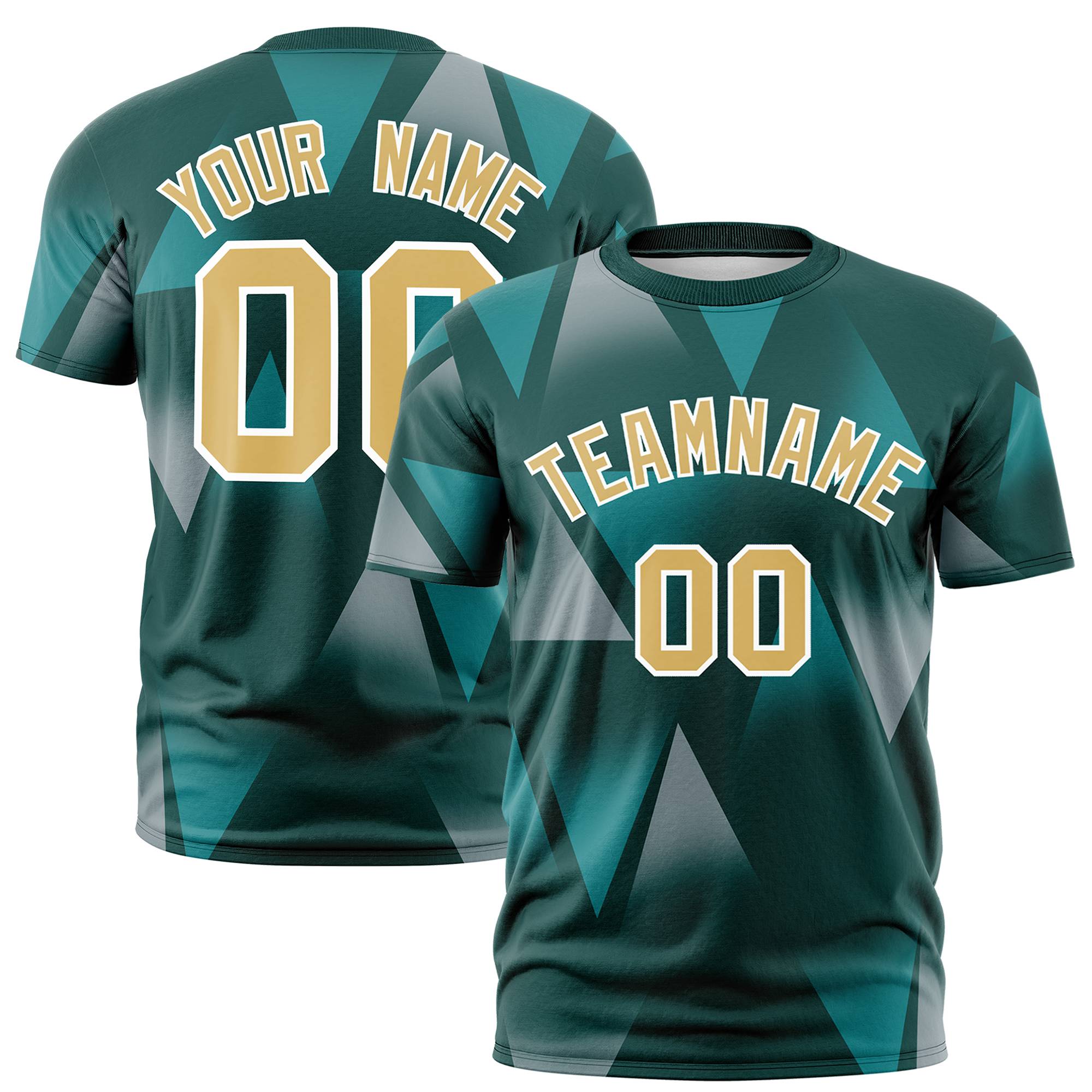 Custom Green Aqua-Old Gold Personalized Triangular Pattern Performance T-Shirt