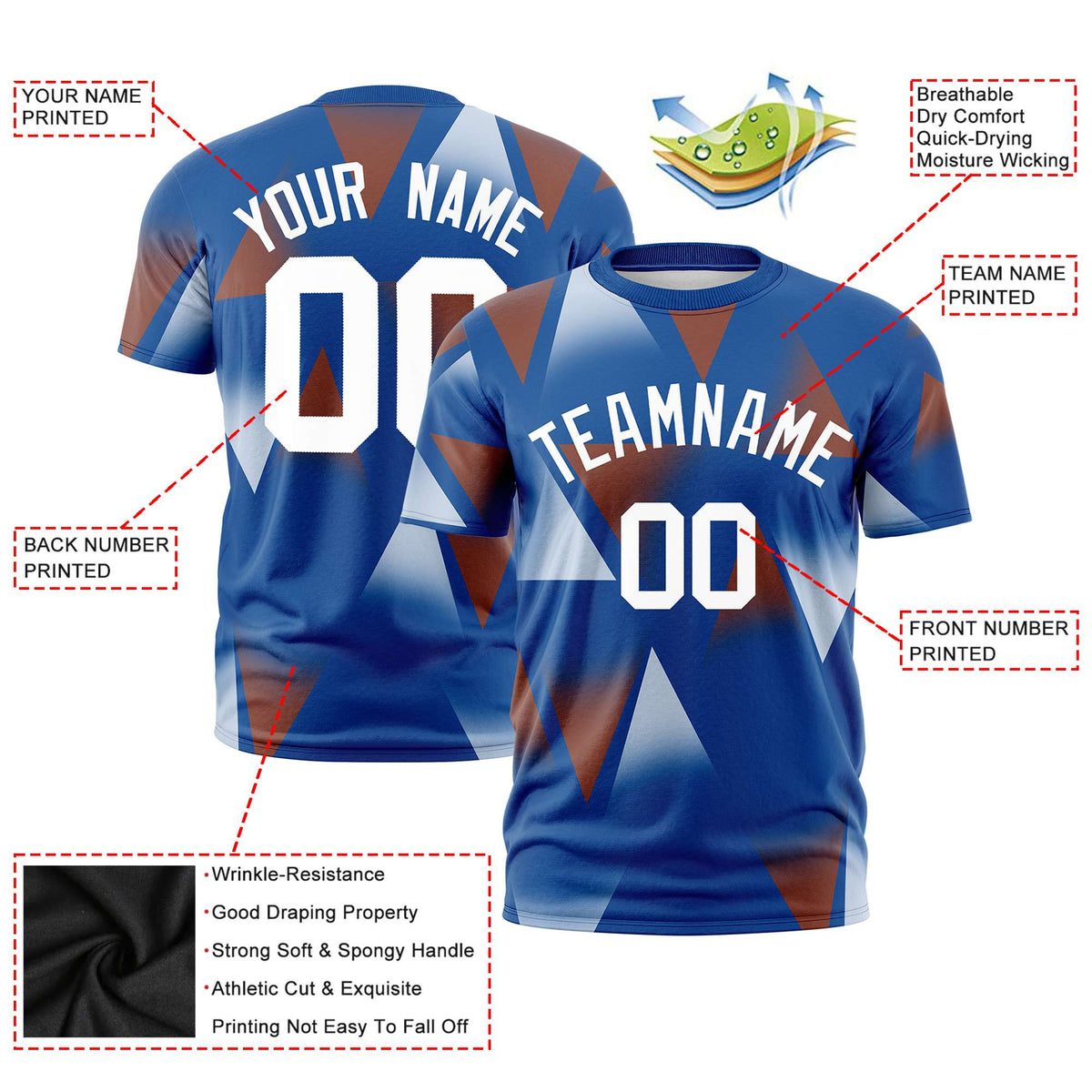 Custom Royal Blue Brown-White Personalized Triangular Pattern Performance T-Shirt