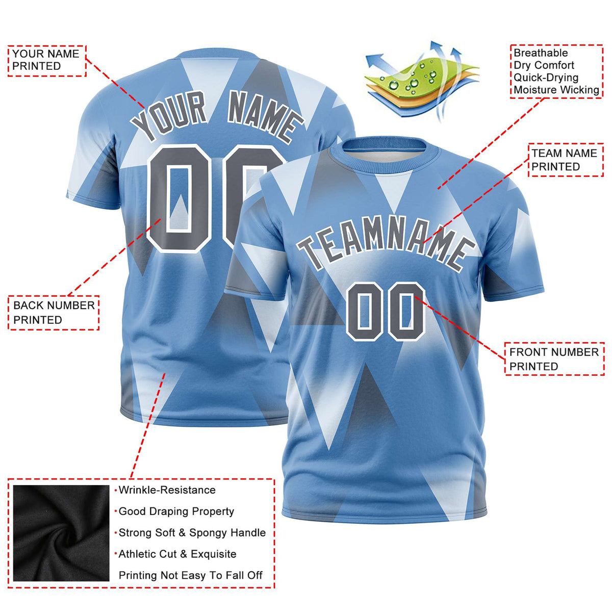 Custom Powder Blue White-Gray Personalized Triangular Pattern Performance T-Shirt