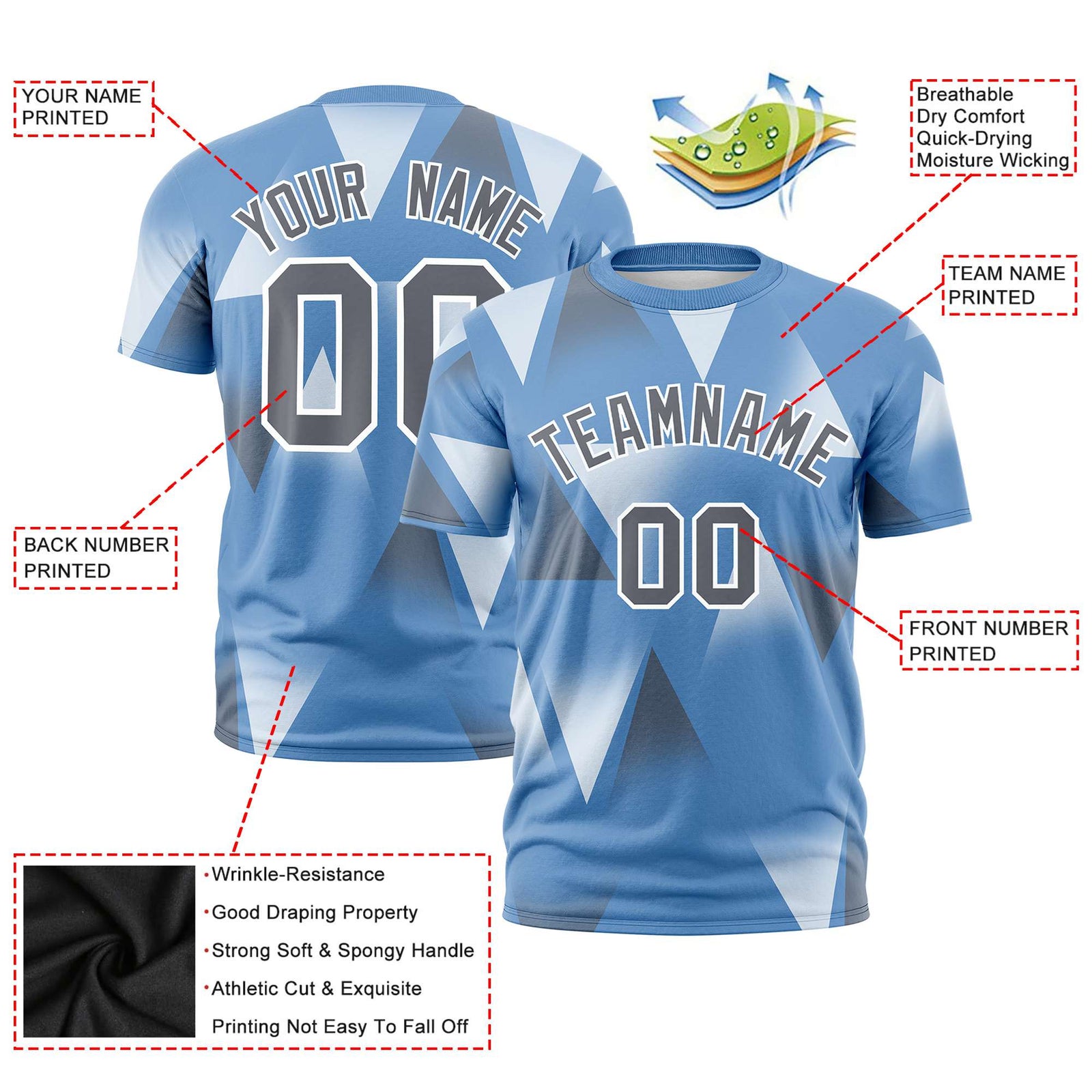 Custom Powder Blue White-Gray Personalized Triangular Pattern Performance T-Shirt