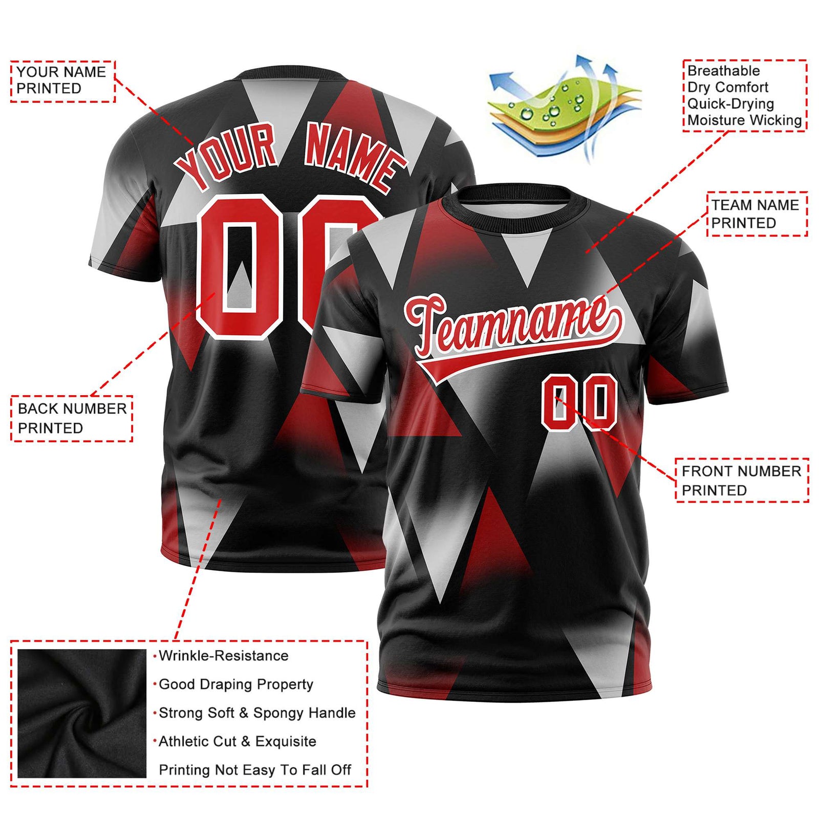 Custom Black Red-Gray Personalized Triangular Pattern Performance T-Shirt