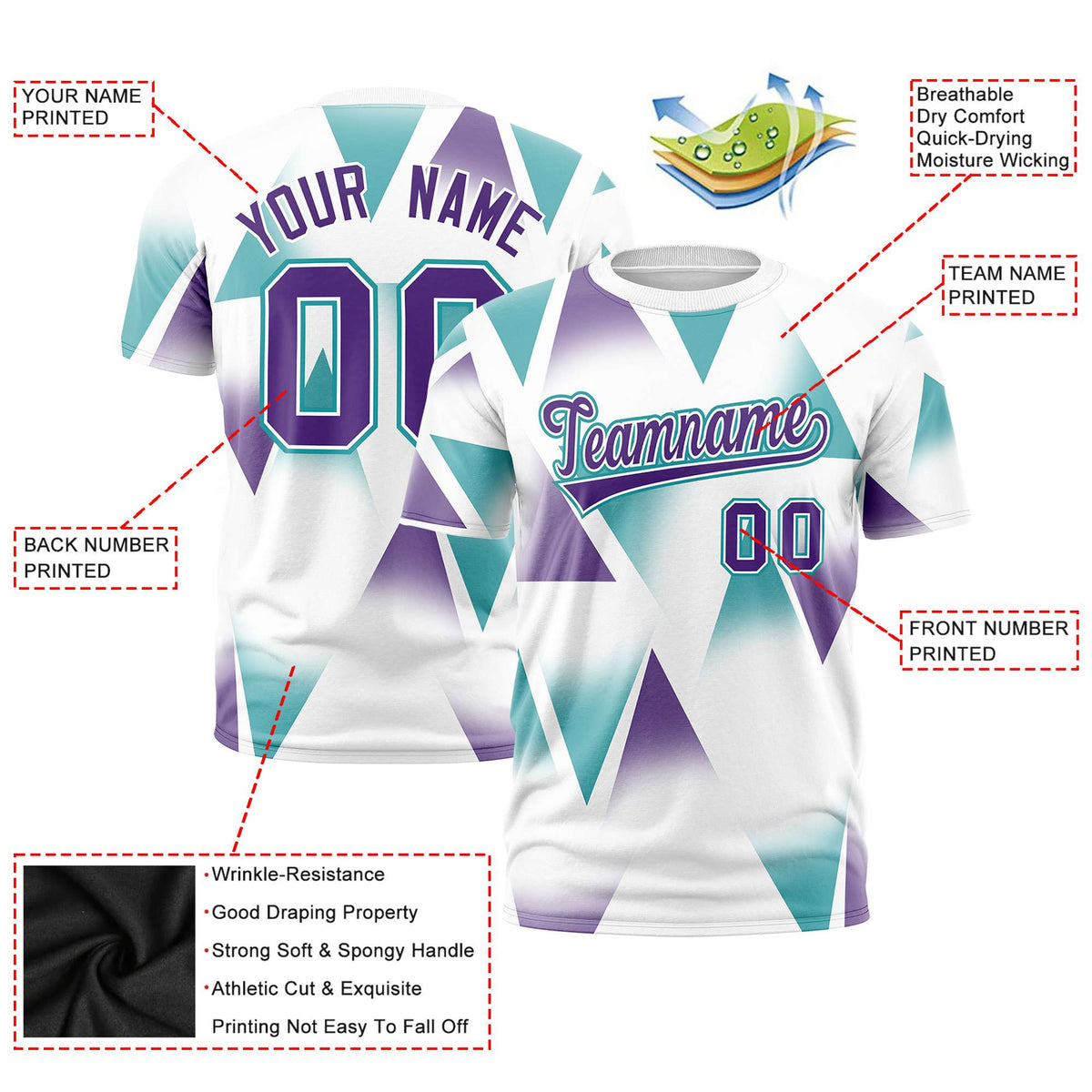 Custom White Aqua-Purple Personalized Triangular Pattern Performance T-Shirt