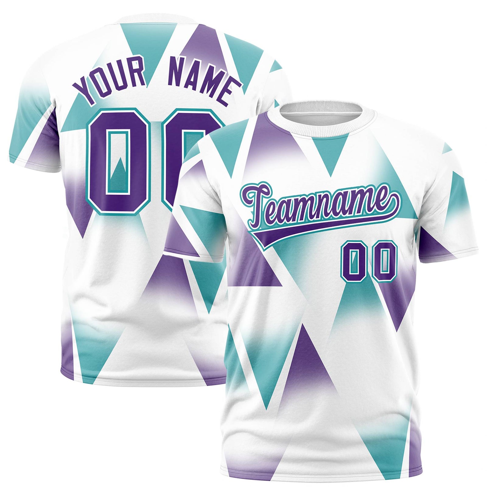 Custom White Aqua-Purple Personalized Triangular Pattern Performance T-Shirt