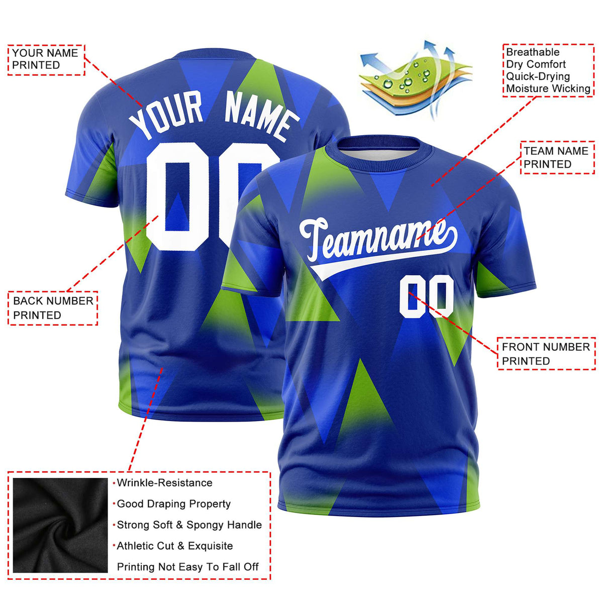 Custom Royal Blue Neon Green-White Personalized Triangular Pattern Performance T-Shirt