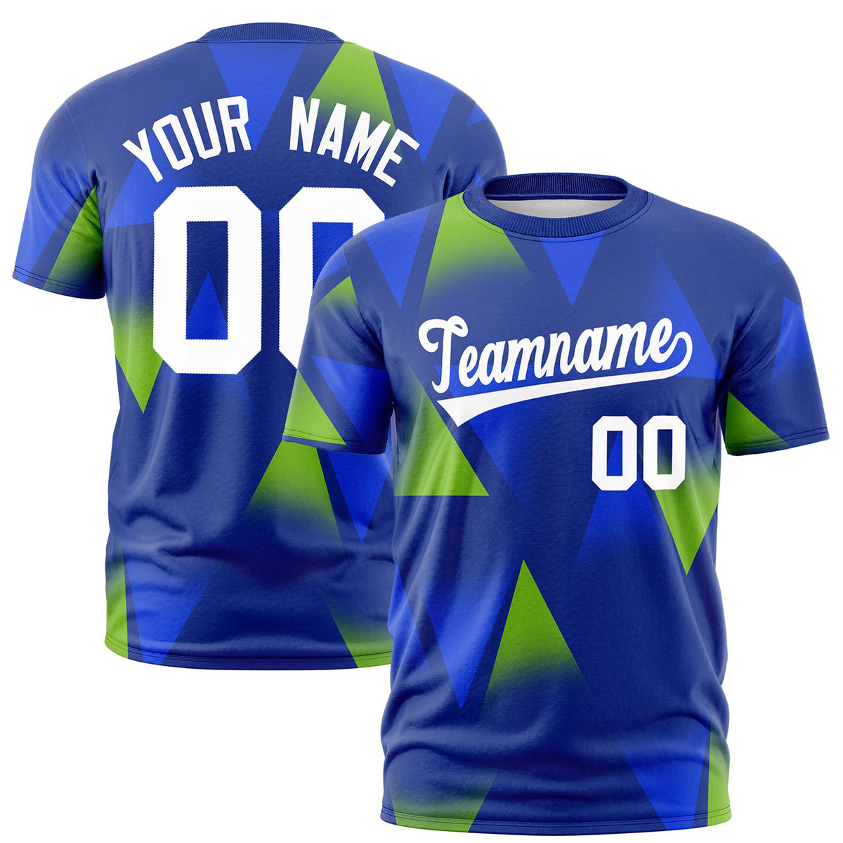 Custom Royal Blue Neon Green-White Personalized Triangular Pattern Performance T-Shirt