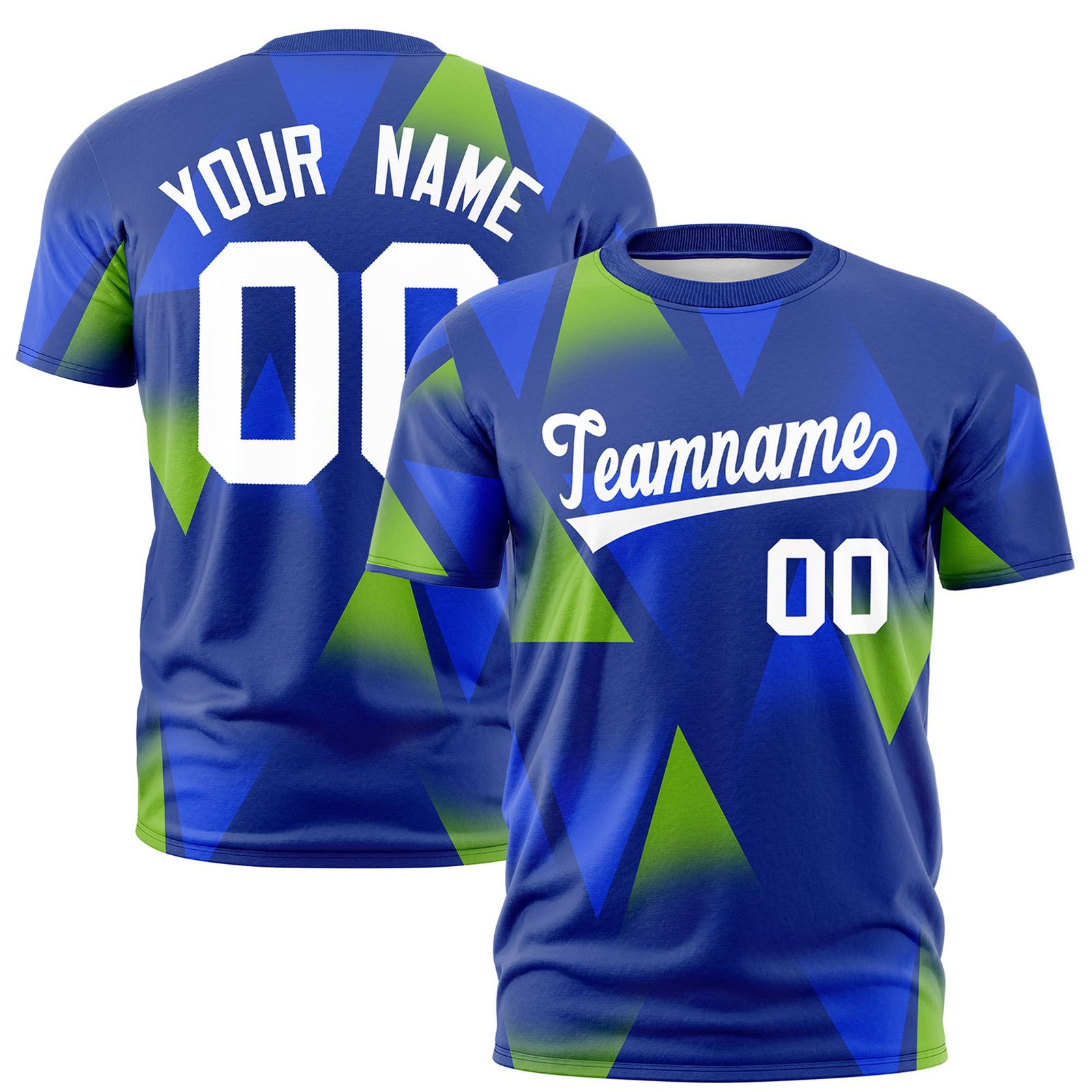 Custom Royal Blue Neon Green-White Personalized Triangular Pattern Performance T-Shirt
