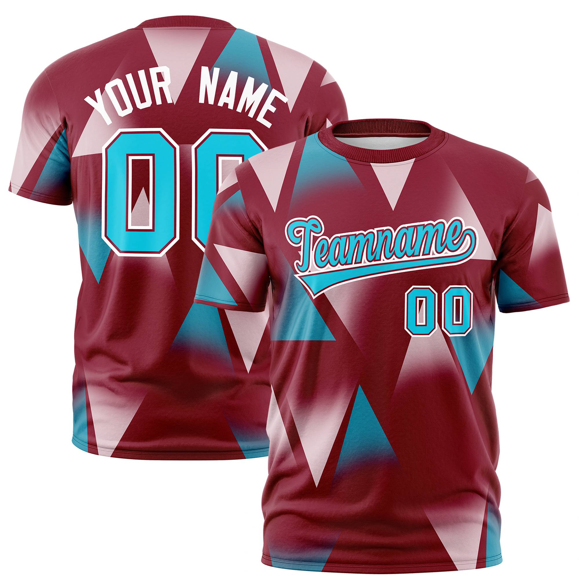 Custom Crimson White-Aqua Personalized Triangular Pattern Performance T-Shirt