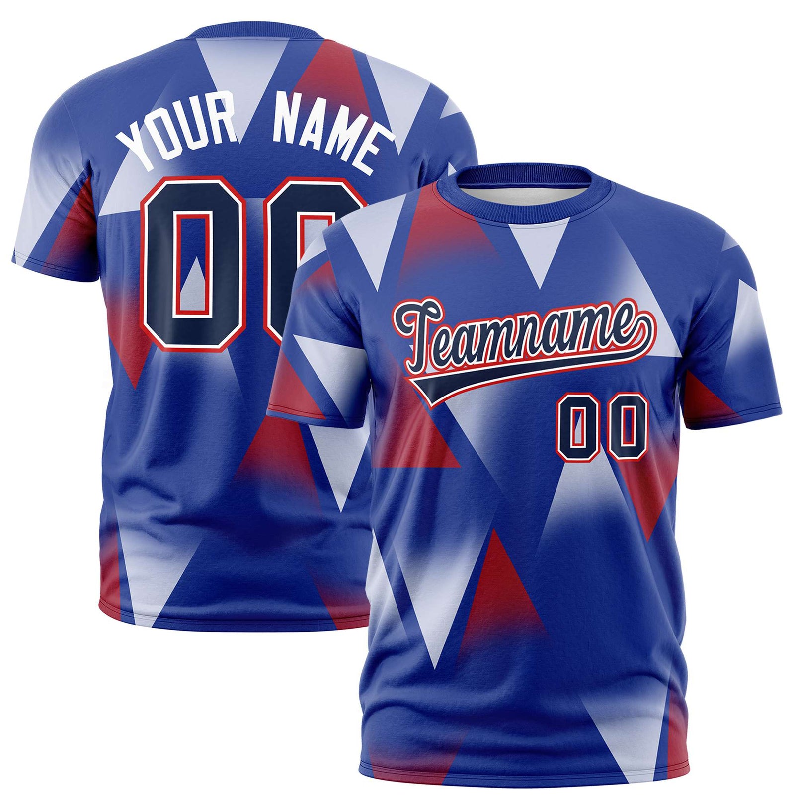 Custom Royal Blue Crimson-Navy Personalized Triangular Pattern Performance T-Shirt