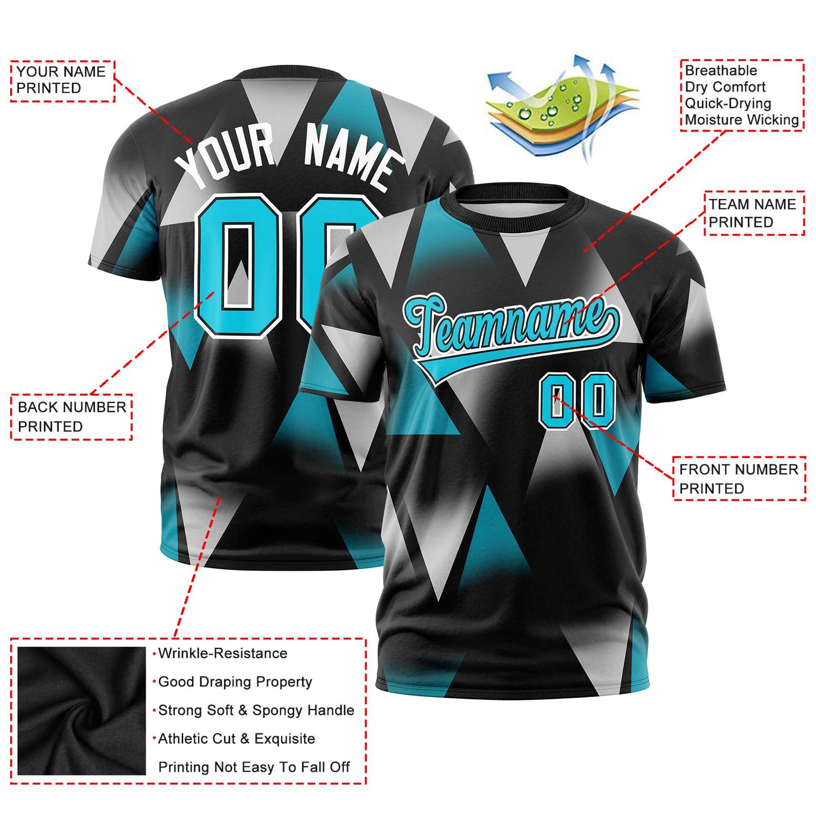 Custom Black White-Aqua Personalized Triangular Pattern Performance T-Shirt