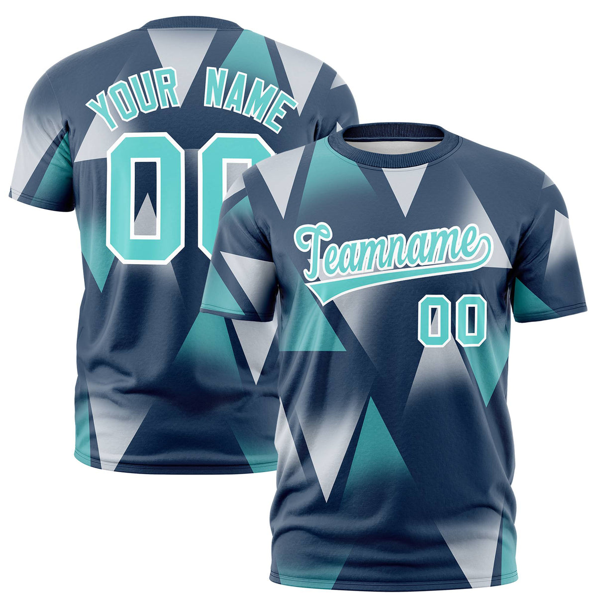 Custom Navy White-Aqua Personalized Triangular Pattern Performance T-Shirt