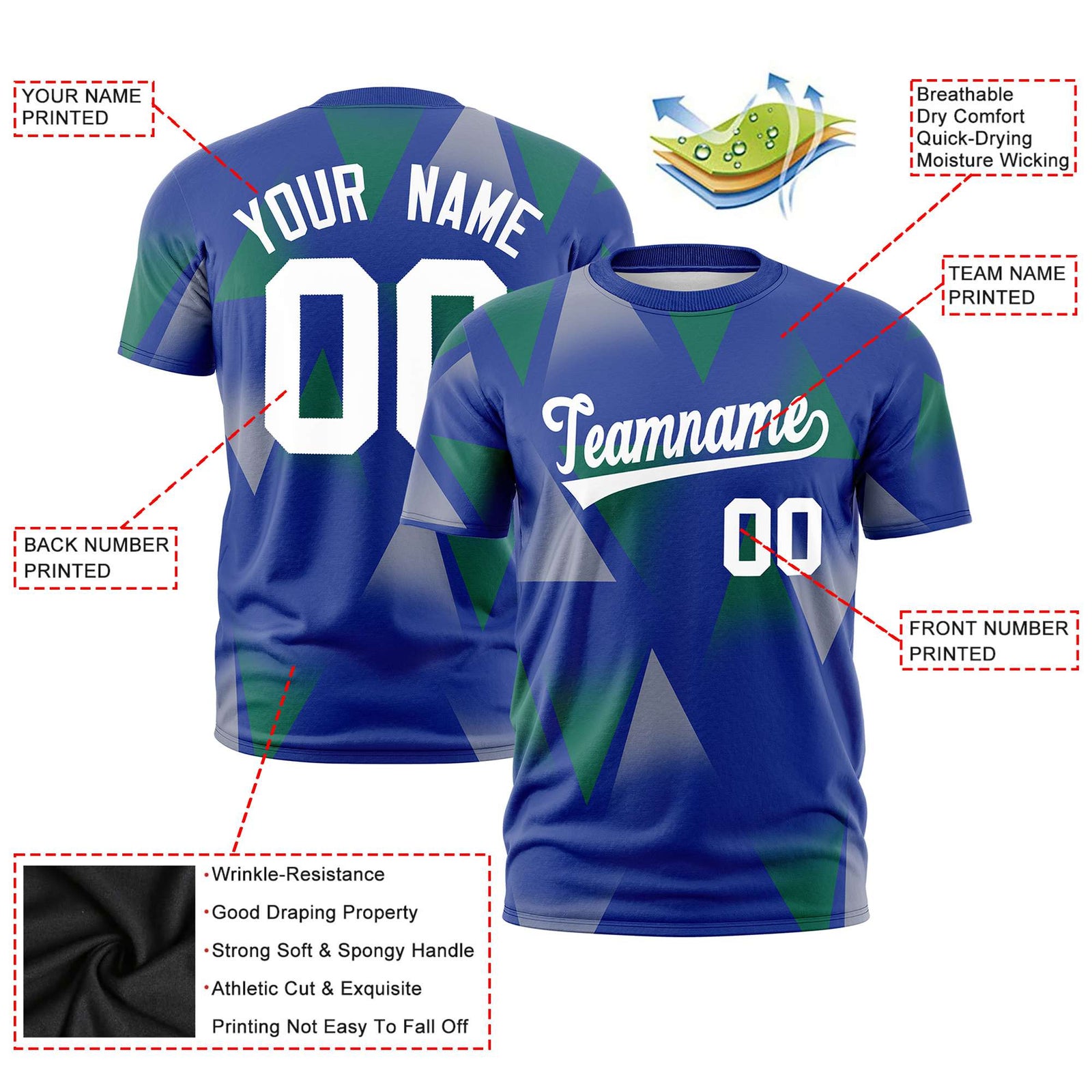 Custom Royal Blue Green-White Personalized Triangular Pattern Performance T-Shirt