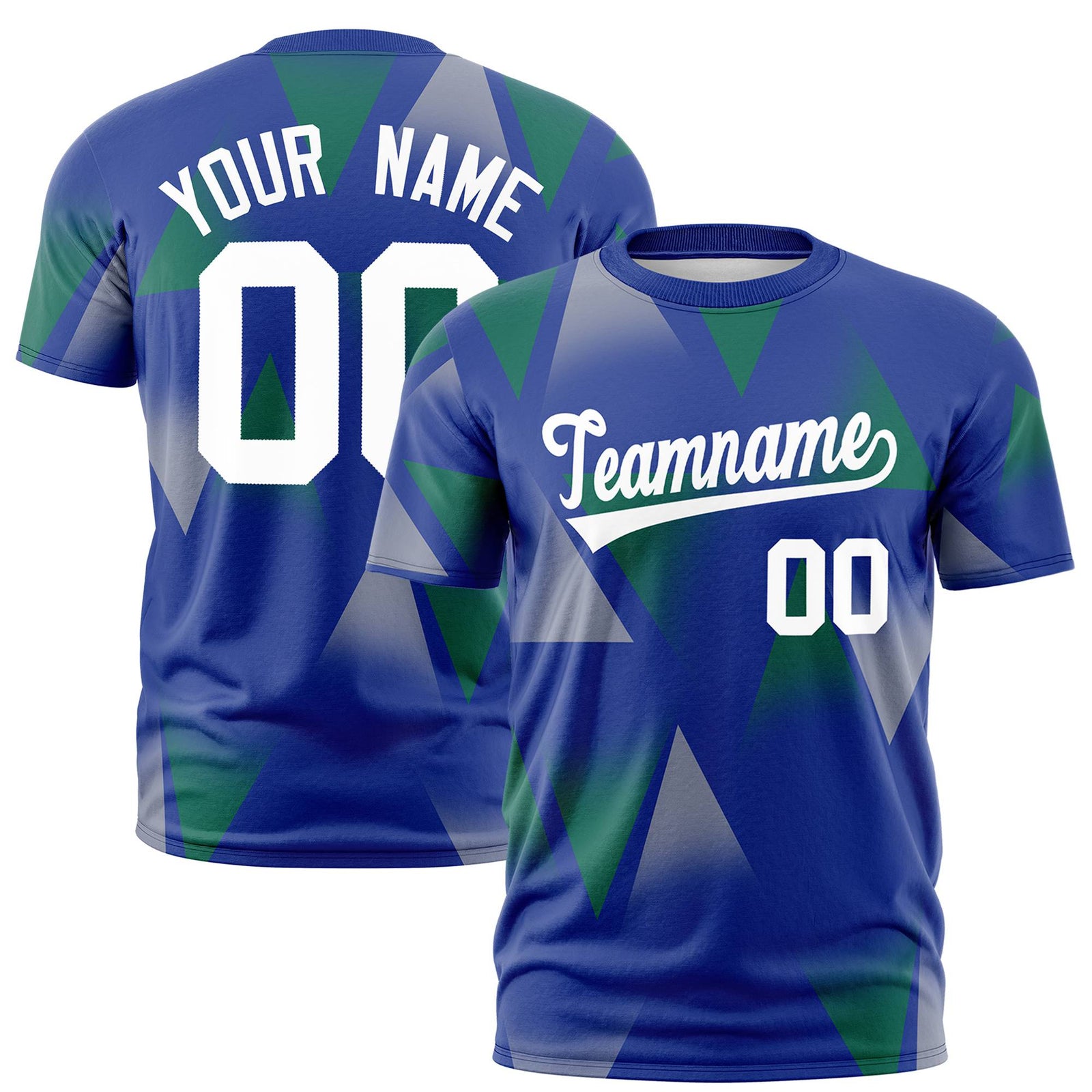 Custom Royal Blue Green-White Personalized Triangular Pattern Performance T-Shirt