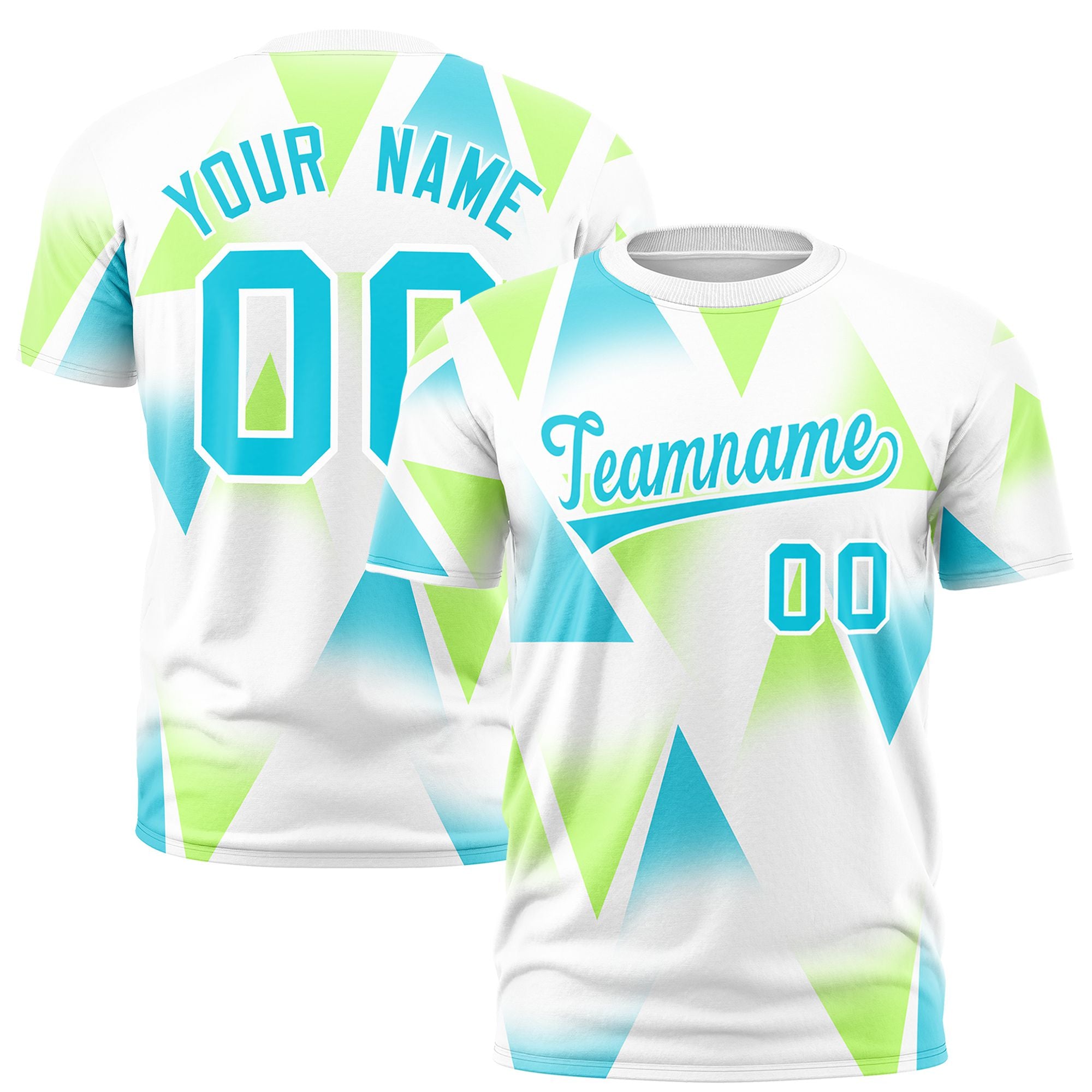 Custom White Neon Green-Aqua Personalized Triangular Pattern Performance T-Shirt