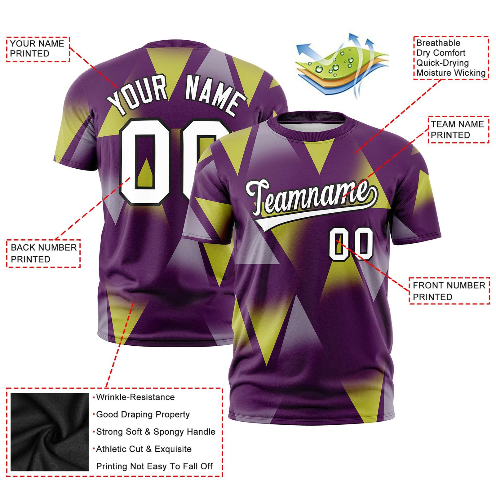 Custom Purple Fluorescent Green-White Personalized Triangular Pattern Performance T-Shirt