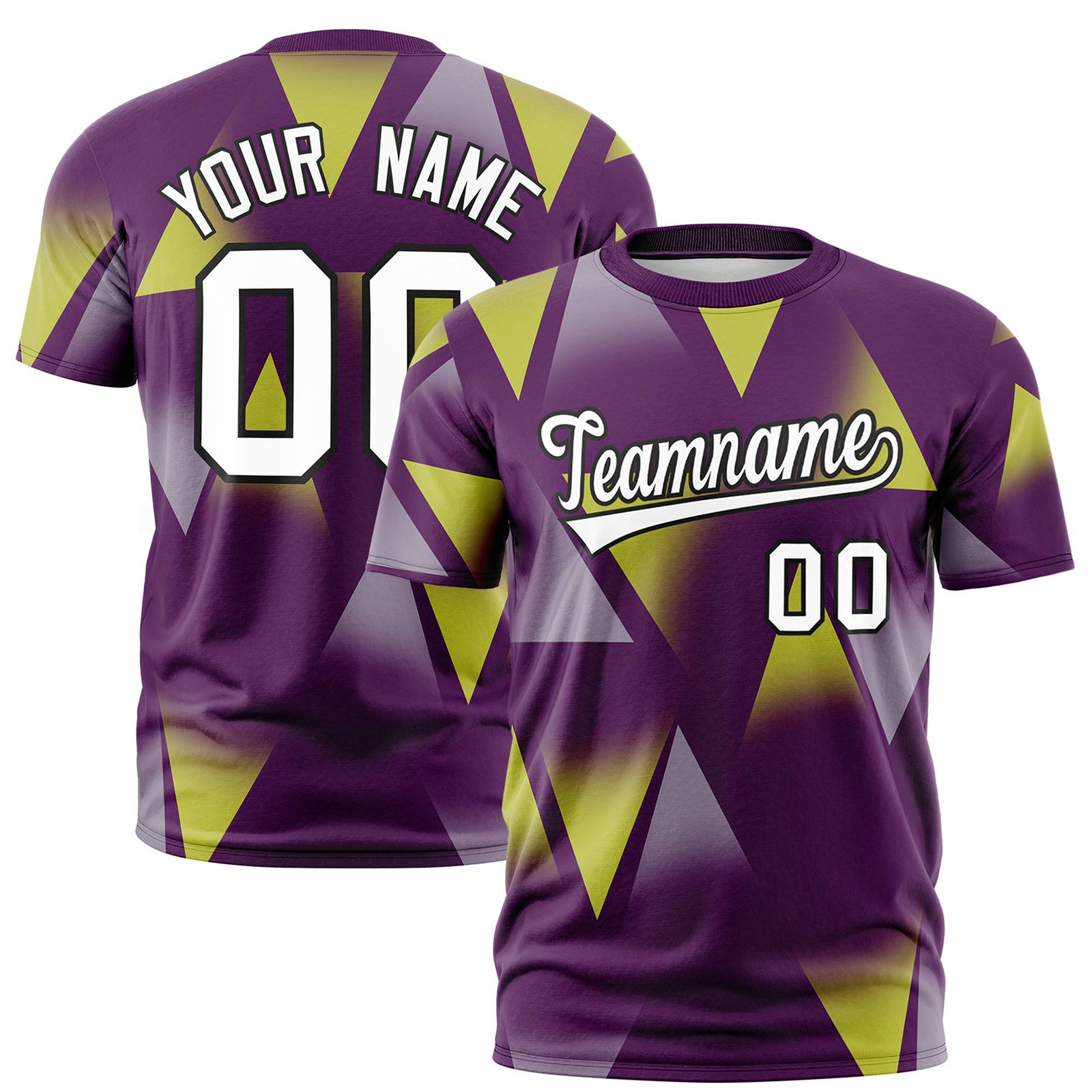 Custom Purple Fluorescent Green-White Personalized Triangular Pattern Performance T-Shirt