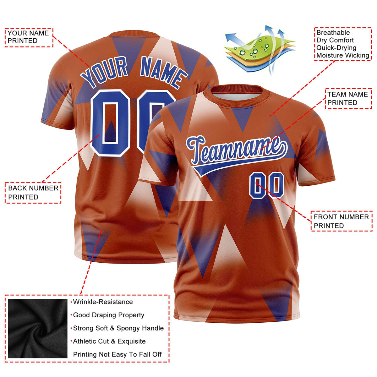 Custom Texas Orange White-Royal Blue Personalized Triangular Pattern Performance T-Shirt
