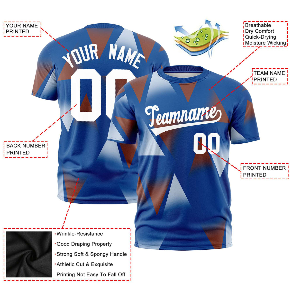 Custom Royal Blue Brown-White Personalized Triangular Pattern Performance T-Shirt