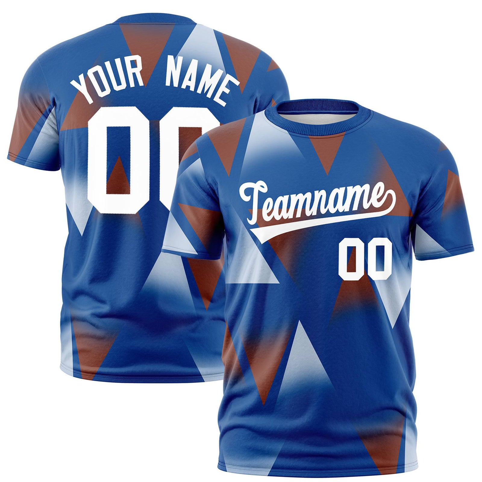 Custom Royal Blue Brown-White Personalized Triangular Pattern Performance T-Shirt