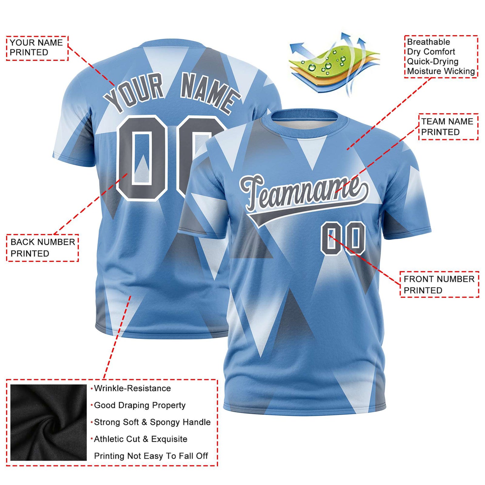 Custom Powder Blue White-Gray Personalized Triangular Pattern Performance T-Shirt